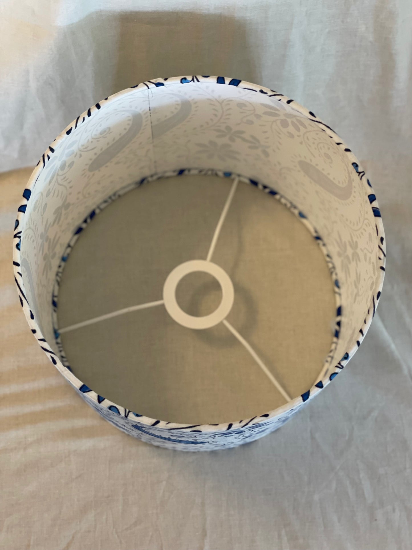 10 inch Drum Lampshade. Indian Block Print. Playful Floral and Paisley. Oxford Blue and Navy on White.