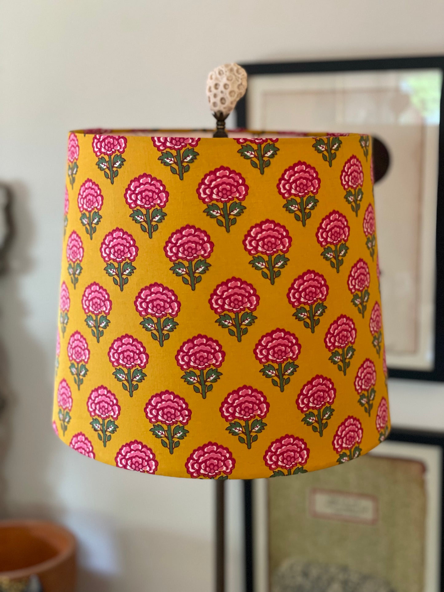 Medium Empire Shade. 10 x 11.75 x 10. Indian Block print from Jaipur. Mustard with Cerise, Rani Pink, and Dark Spring Green Floral Motif.