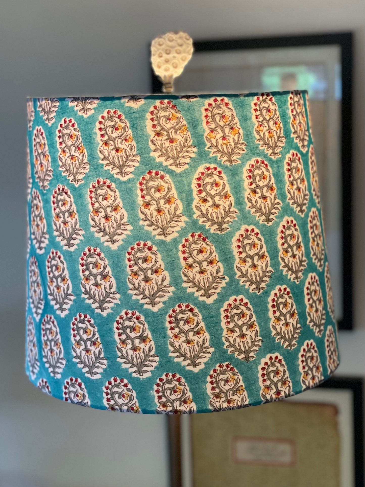Medium Empire Shade. 10 x 11.75 x 10. Indian Hand Block Print from Jaipur. Turquoise with Crimson, Ochre and Taupe Floral Motif.