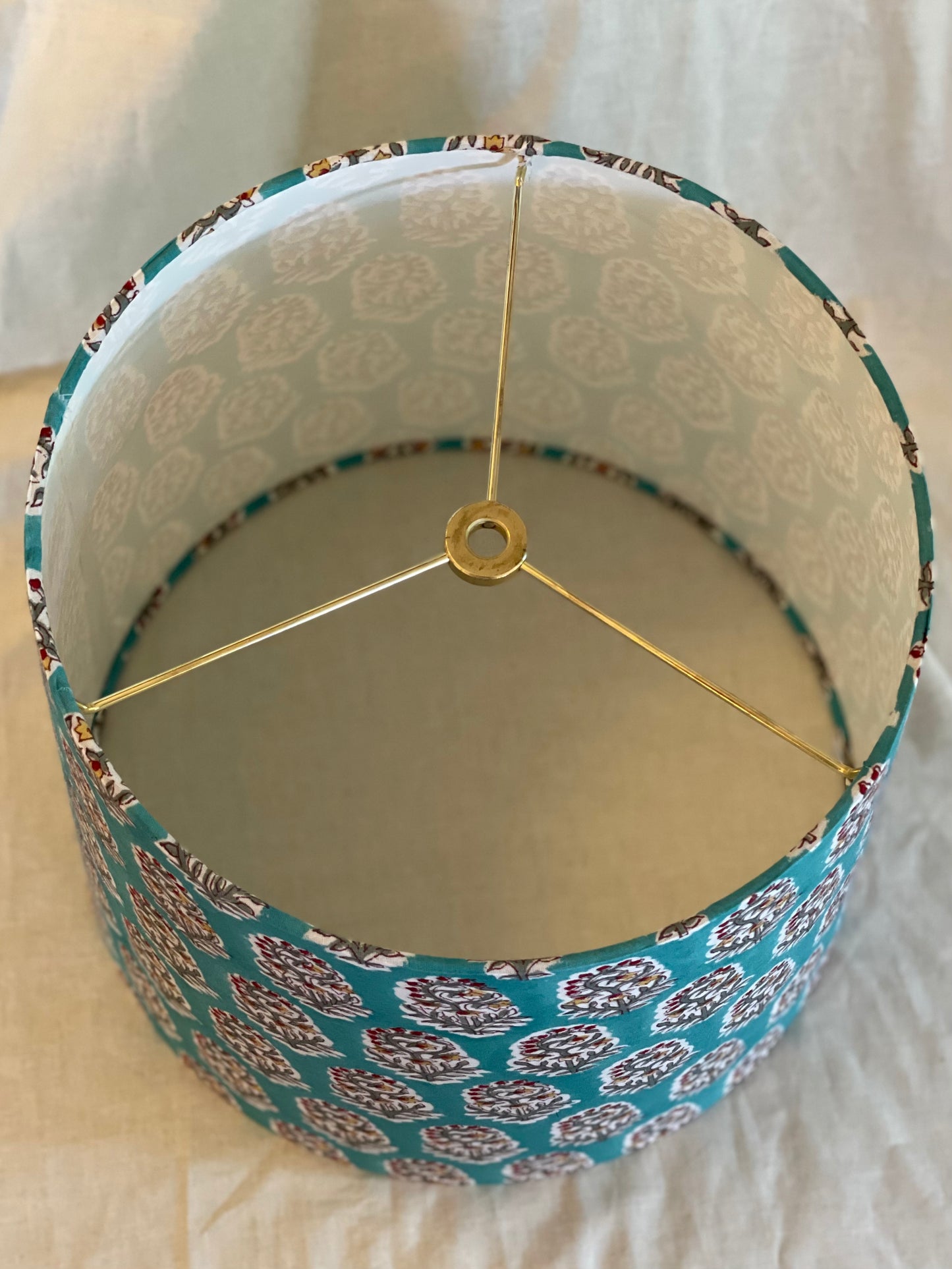 Medium Empire Shade. 10 x 11.75 x 10. Indian Hand Block Print from Jaipur. Turquoise with Crimson, Ochre and Taupe Floral Motif.