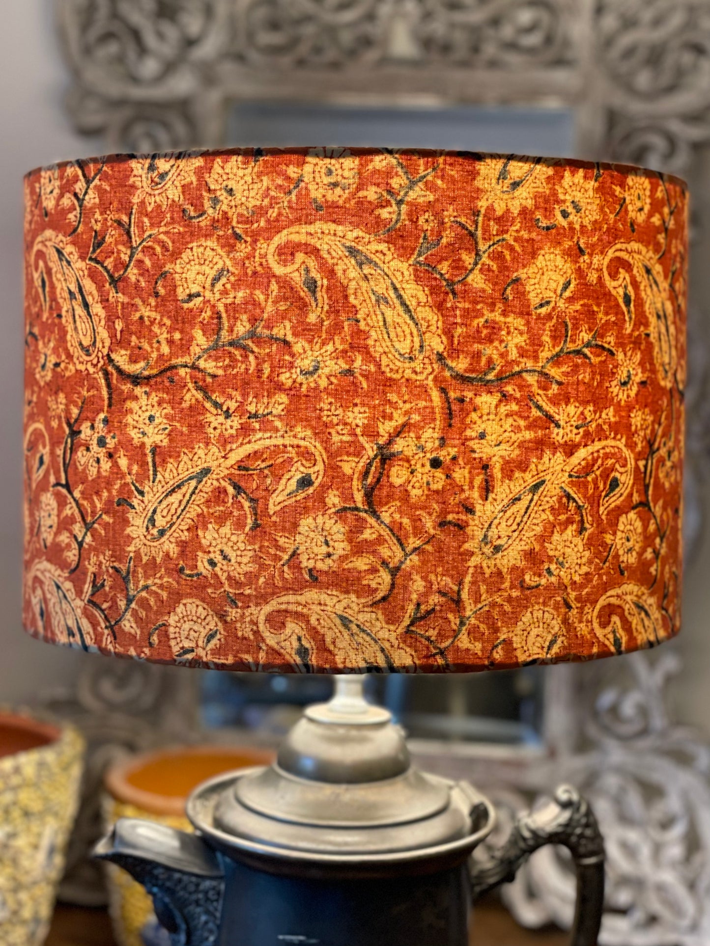 12 Inch Drum Lampshade. Kalamkari Indian Block Print. Burnt Sienna with Fawn and Smoky Black Paisley.
