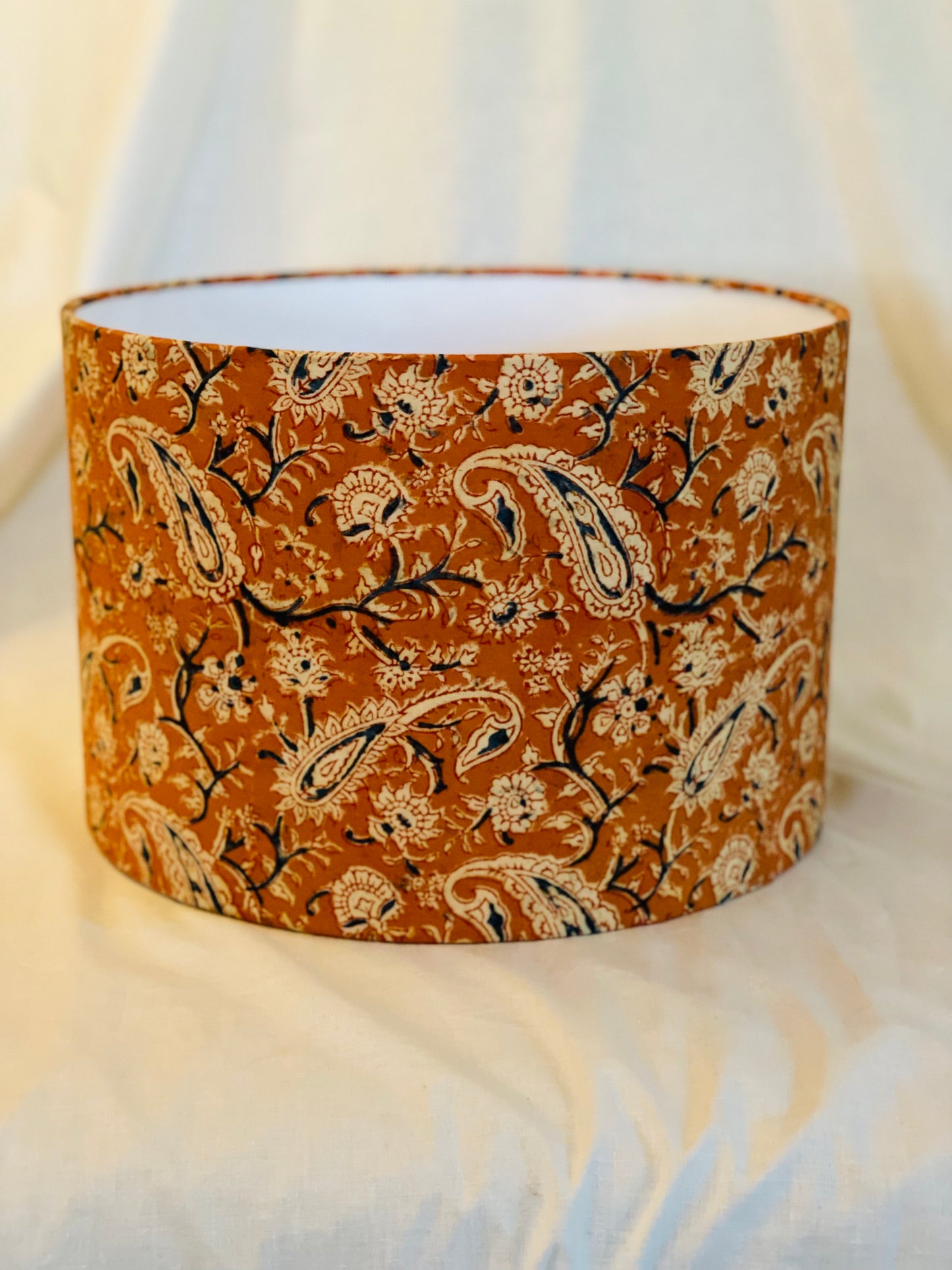 12 Inch Drum Lampshade. Kalamkari Indian Block Print. Burnt Sienna with Fawn and Smoky Black Paisley.