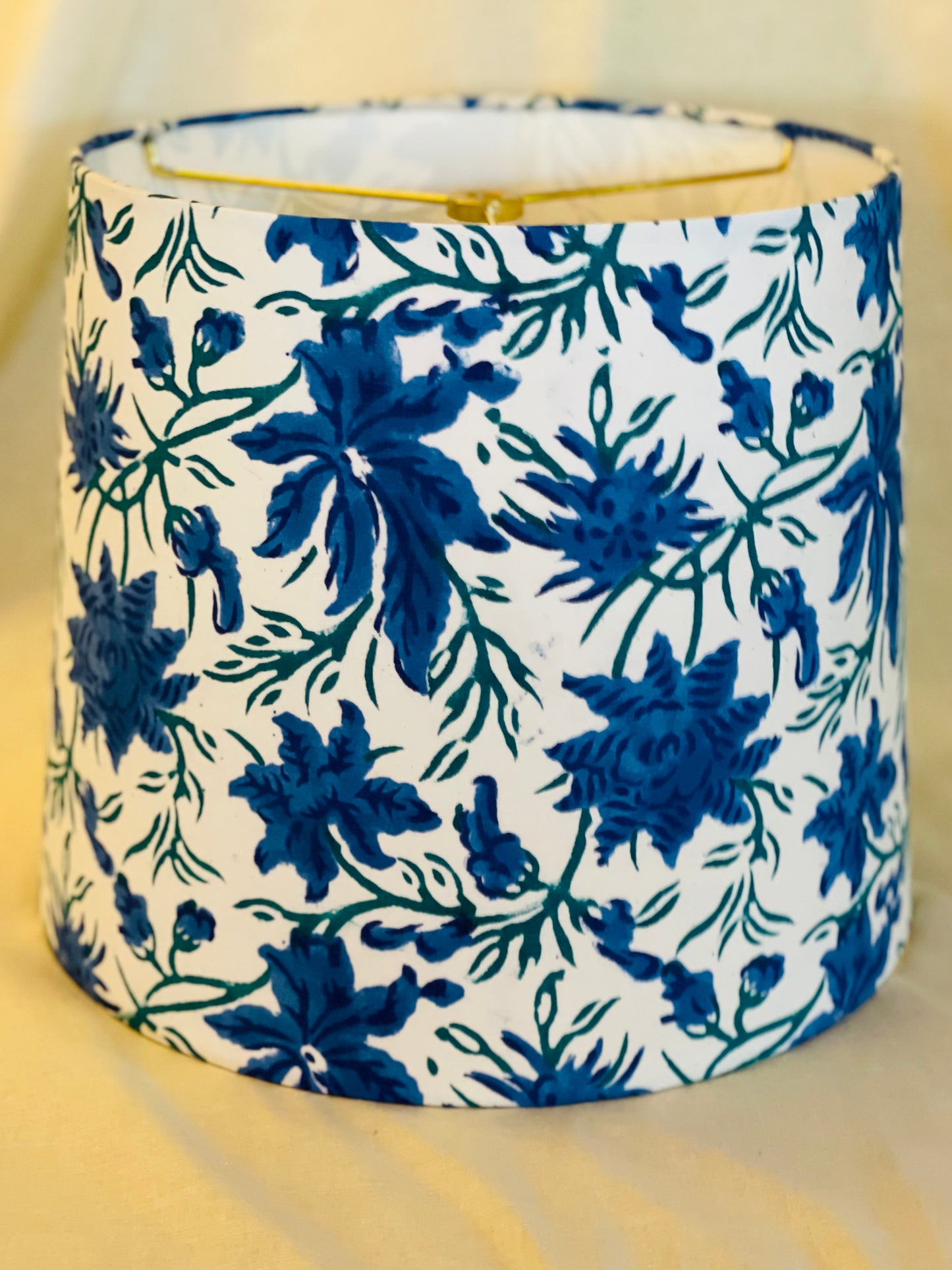 Medium Empire Lampshade. Hand Block Print from India. Bright Blue and Dark Teal Floral.