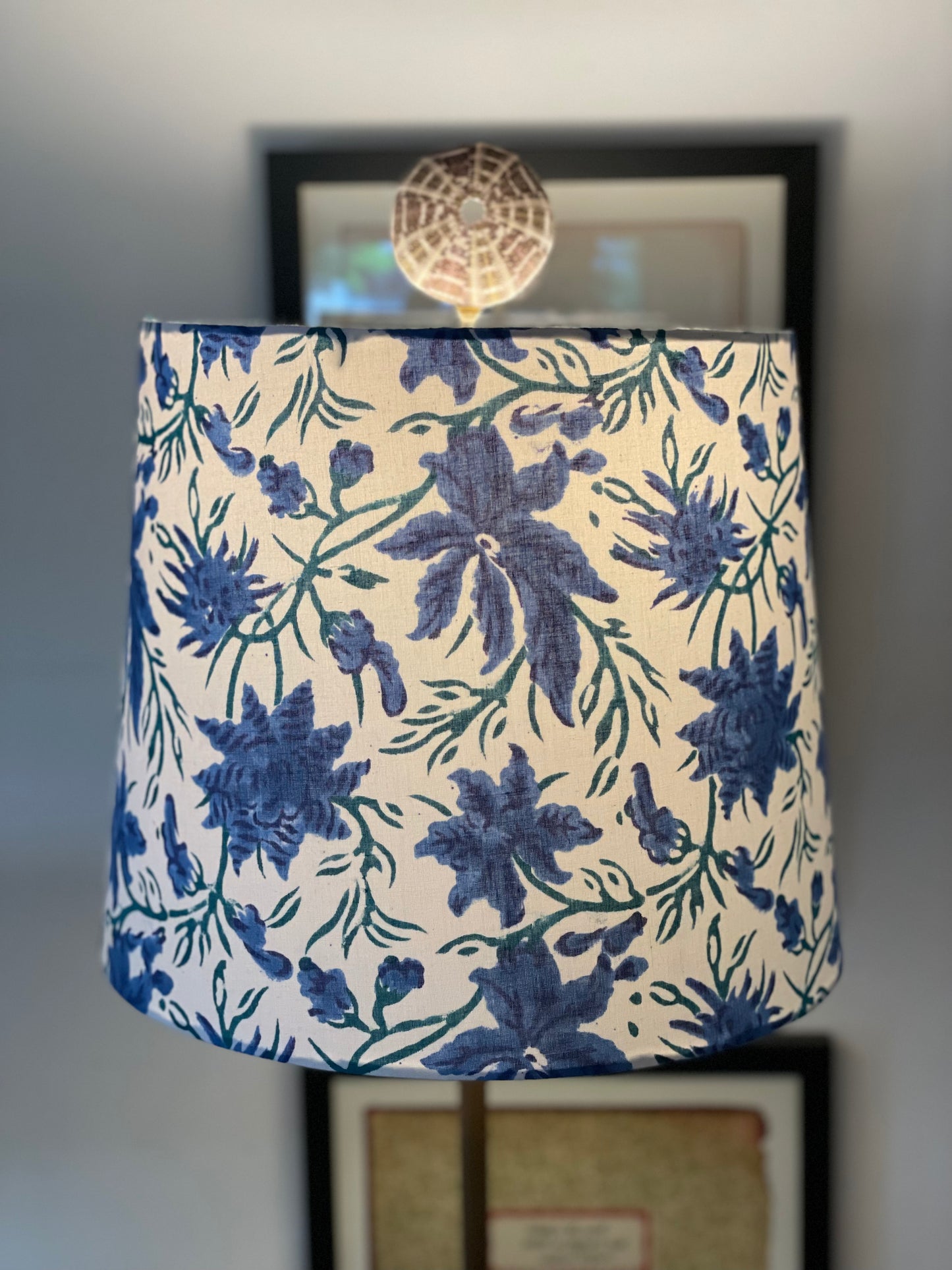 Medium Empire Lampshade. Hand Block Print from India. Bright Blue and Dark Teal Floral.