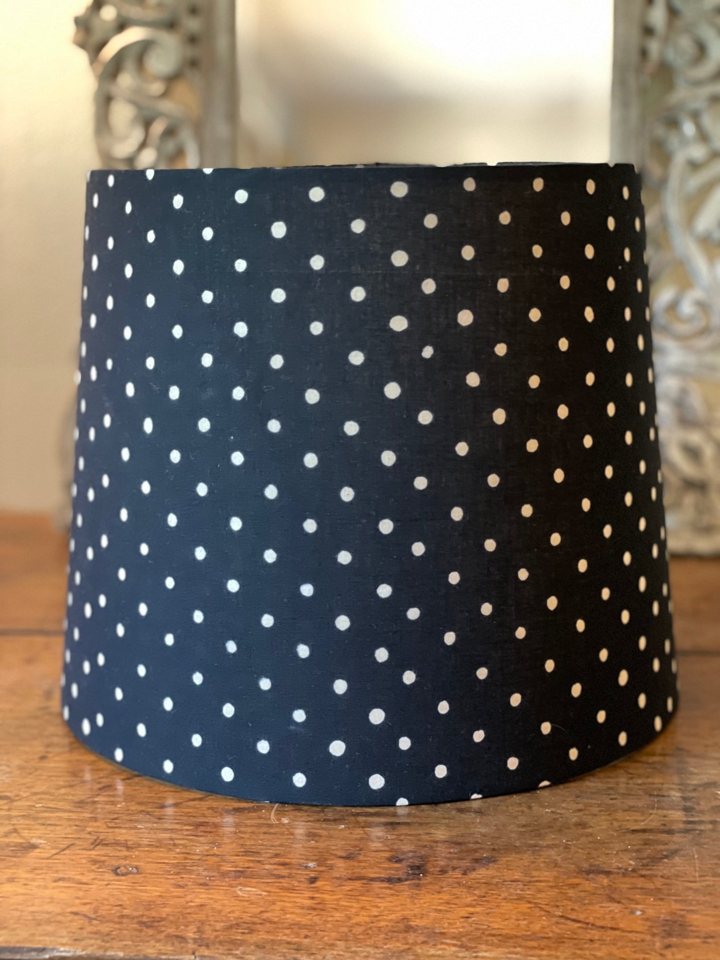 Medium Empire Lampshade. Hand Block Print from India. Black with Gentle Off-White Polka Dot.