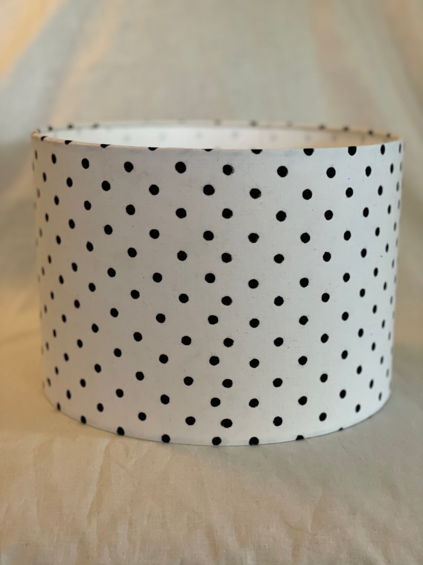10 Inch Drum Lampshade. Indian Hand Block Print. White with Black Polka Dots.