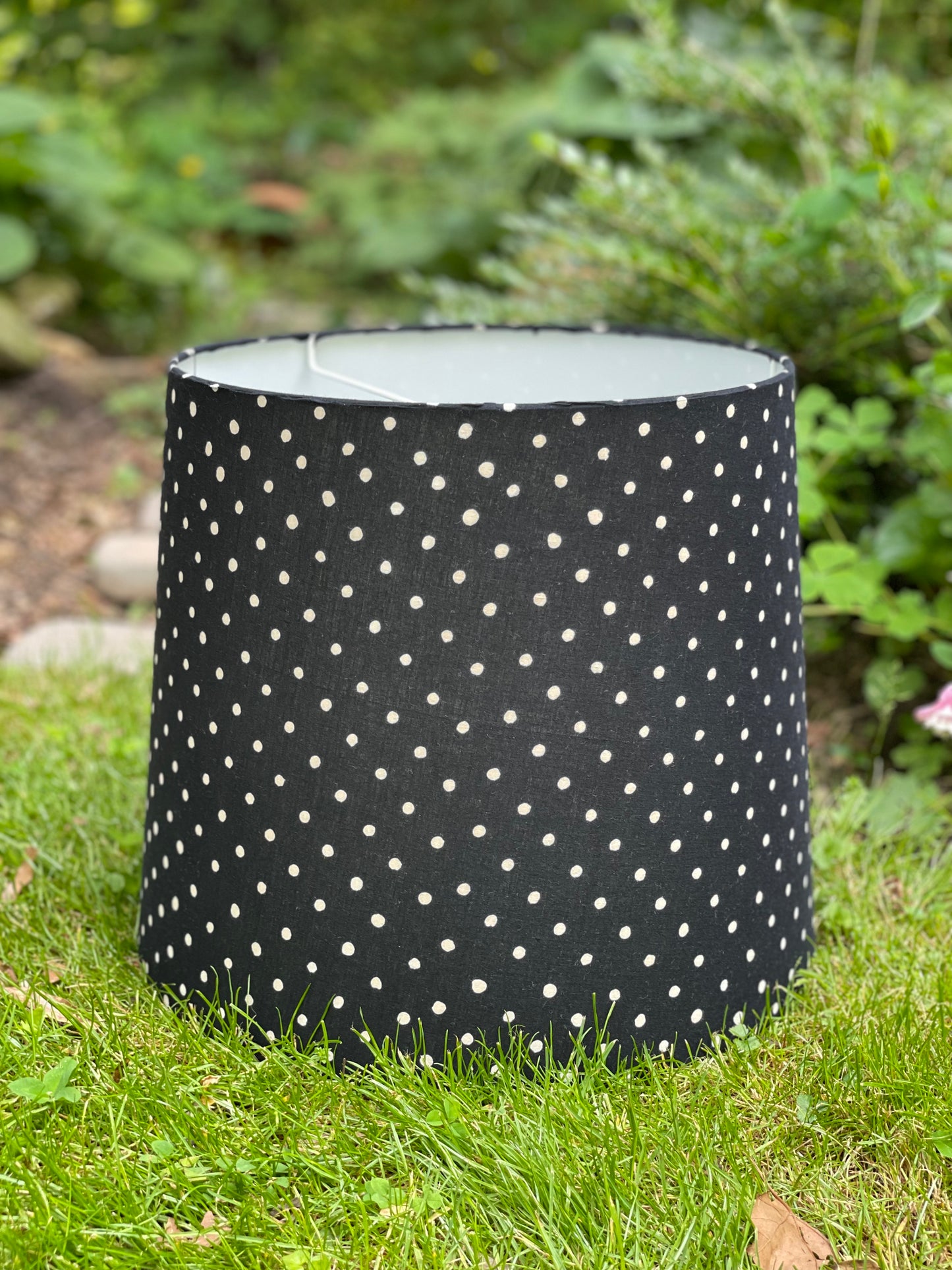 Large Empire Lampshade. 11.75 x 13.75 x 11.75. Indian Hand Block Print. Black with Gentle Off-White Polka Dots.