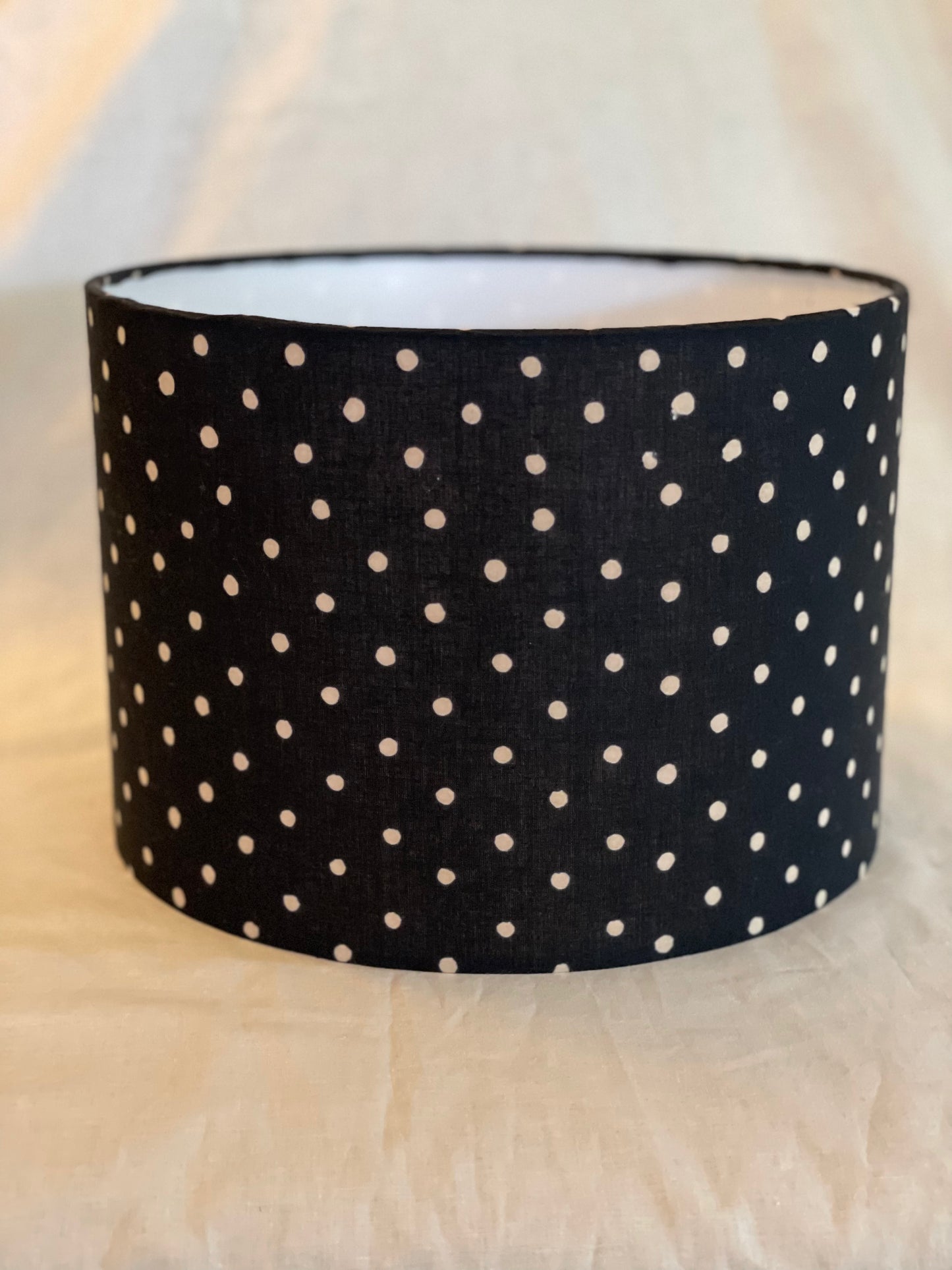 10 Inch Drum Lampshade. Indian Hand Block Print. Black with Gentle Off-White Polka Dots.