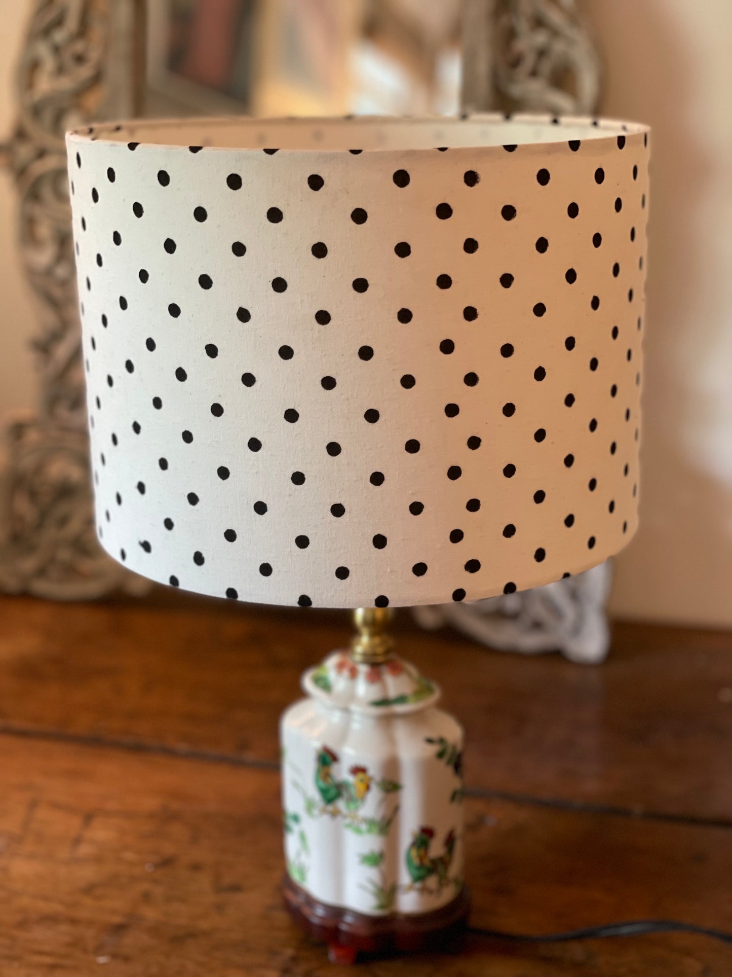 10 Inch Drum Lampshade. Indian Hand Block Print. White with Black Polka Dots.