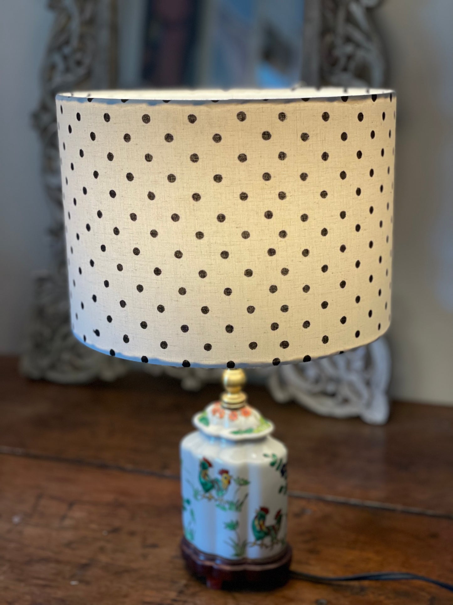 10 Inch Drum Lampshade. Indian Hand Block Print. White with Black Polka Dots.