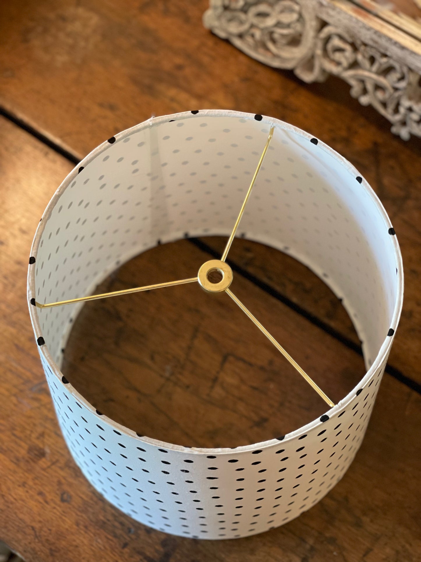 Medium Empire Lampshade. Hand Block Print from India. White with Black Polka Dot.