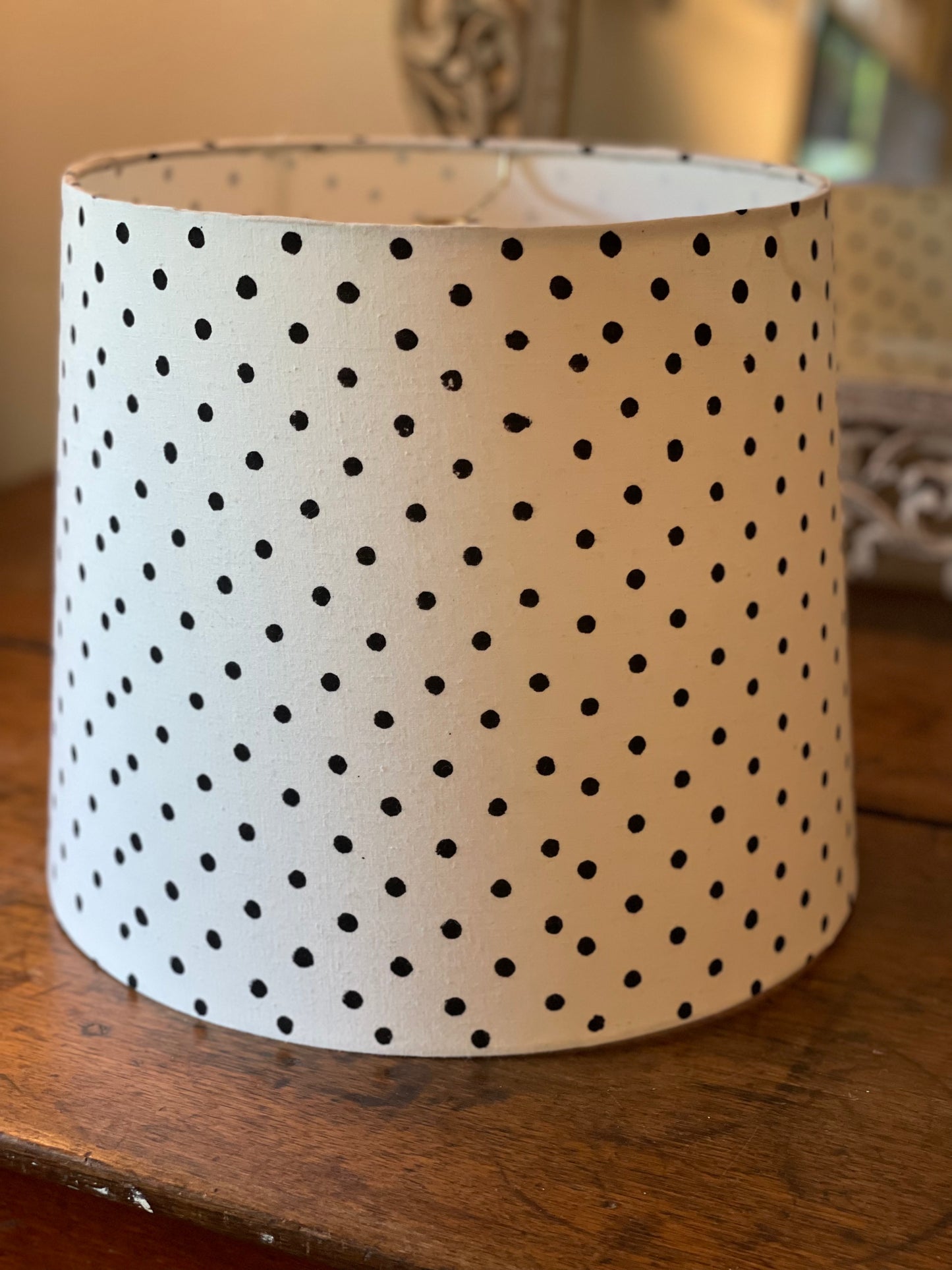 Medium Empire Lampshade. Hand Block Print from India. White with Black Polka Dot.