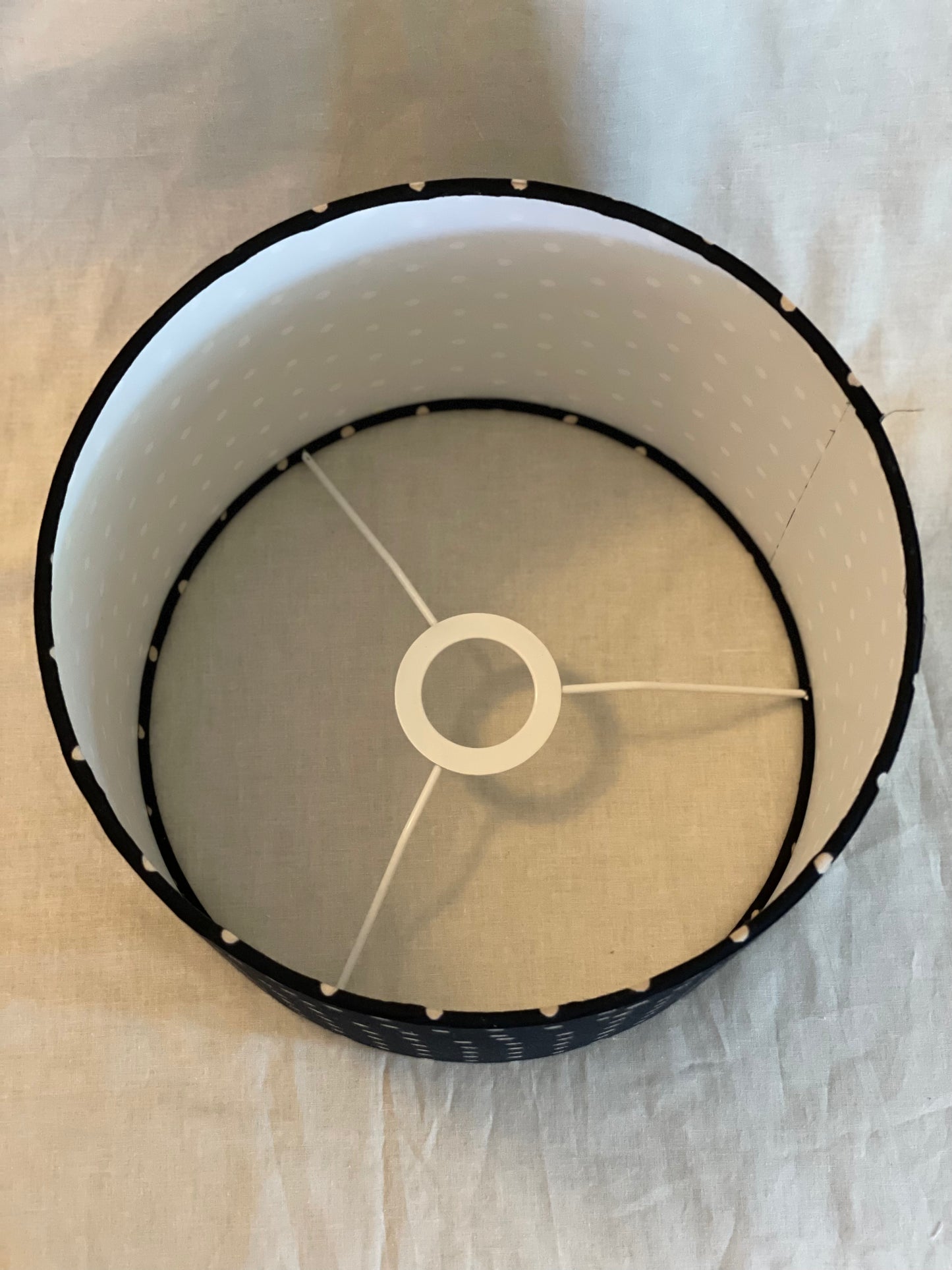 10 Inch Drum Lampshade. Indian Hand Block Print. Black with Gentle Off-White Polka Dots.