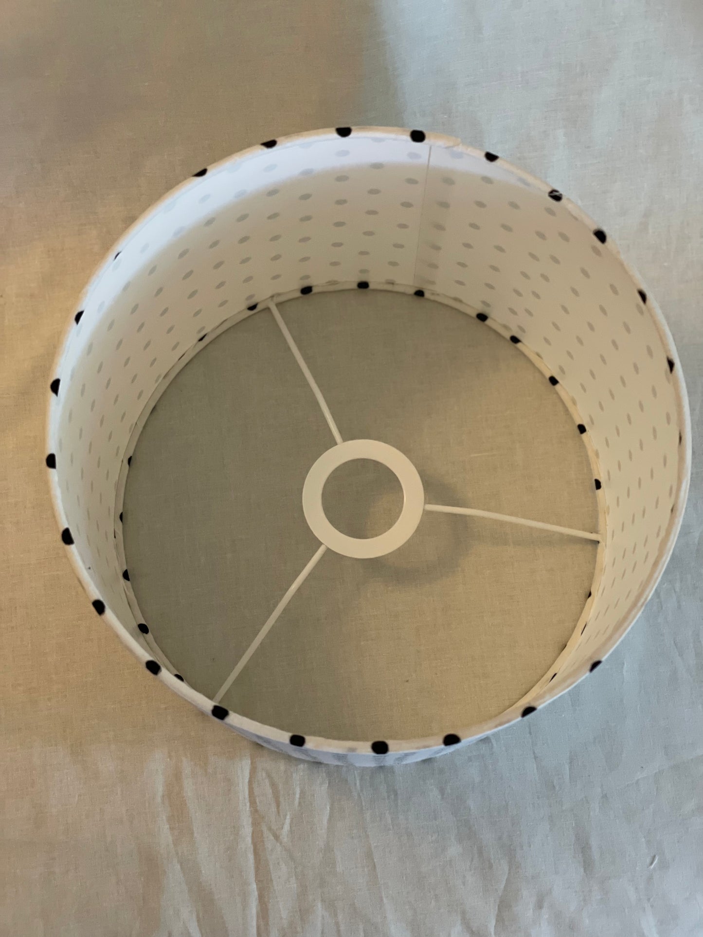 10 Inch Drum Lampshade. Indian Hand Block Print. White with Black Polka Dots.