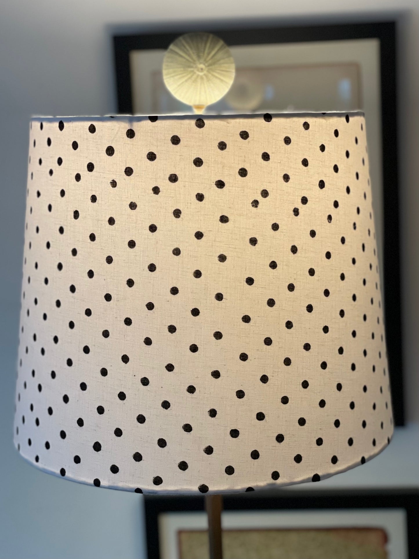 Medium Empire Lampshade. Hand Block Print from India. White with Black Polka Dot.
