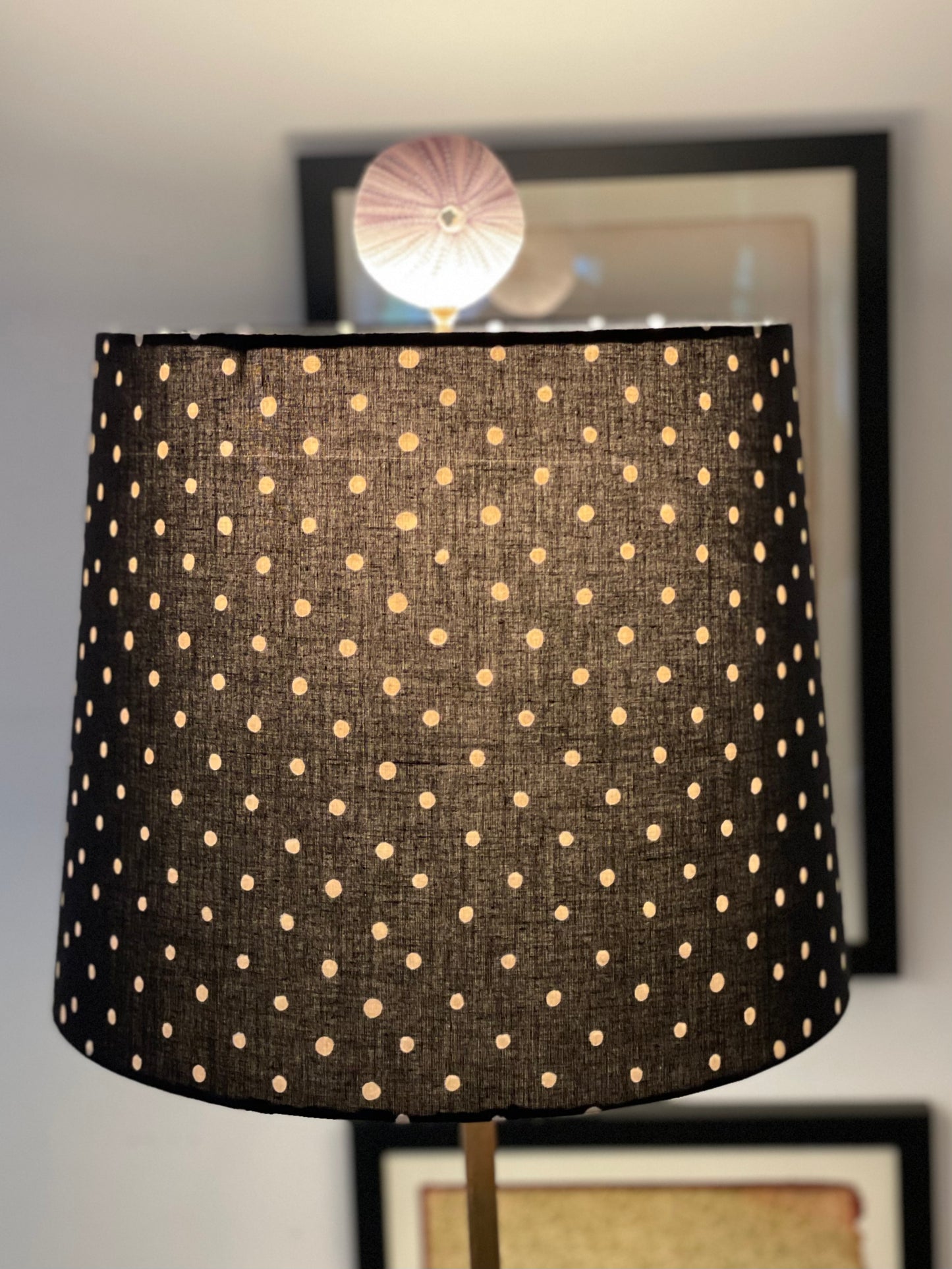 Medium Empire Lampshade. Hand Block Print from India. Black with Gentle Off-White Polka Dot.