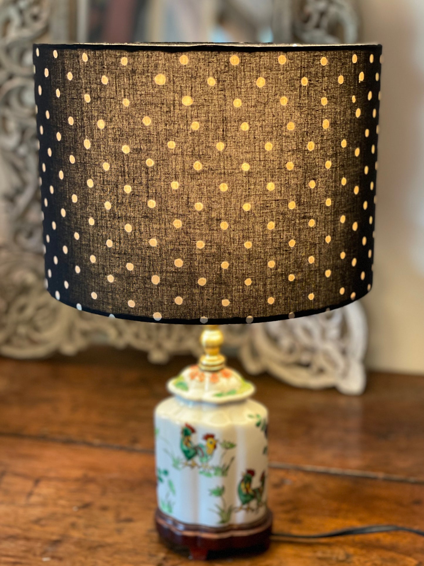 10 Inch Drum Lampshade. Indian Hand Block Print. Black with Gentle Off-White Polka Dots.