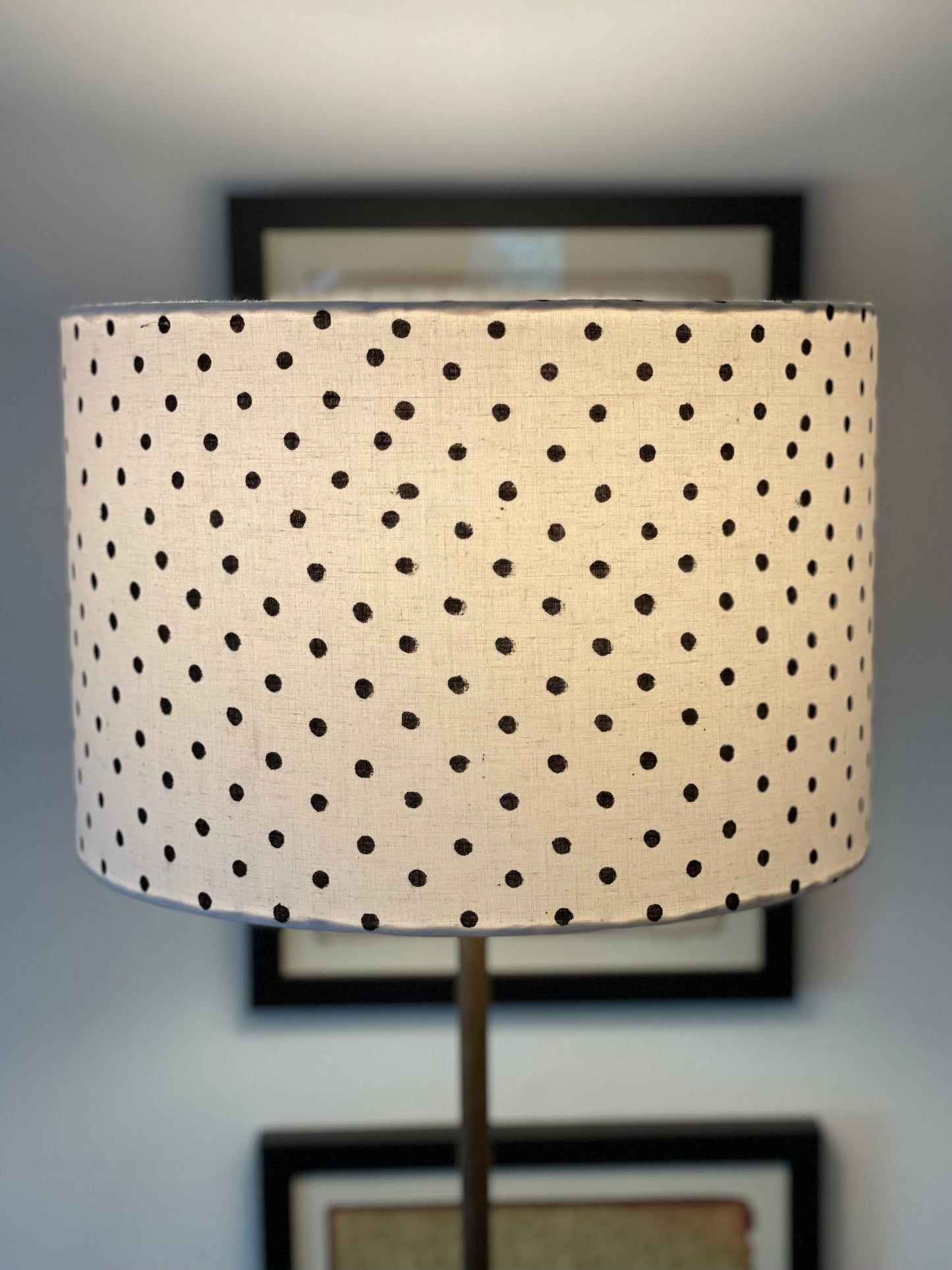 12 Inch Drum Lampshade. Indian Hand Block Print. White with Black Polka Dot.