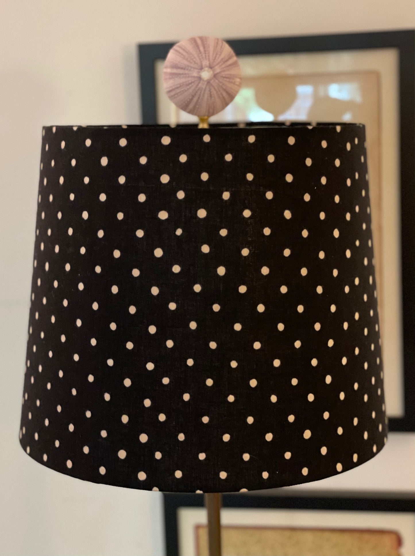 Medium Empire Lampshade. Hand Block Print from India. Black with Gentle Off-White Polka Dot.