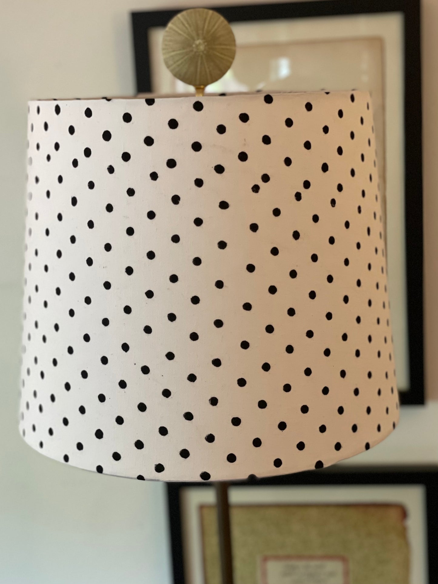 Medium Empire Lampshade. Hand Block Print from India. White with Black Polka Dot.