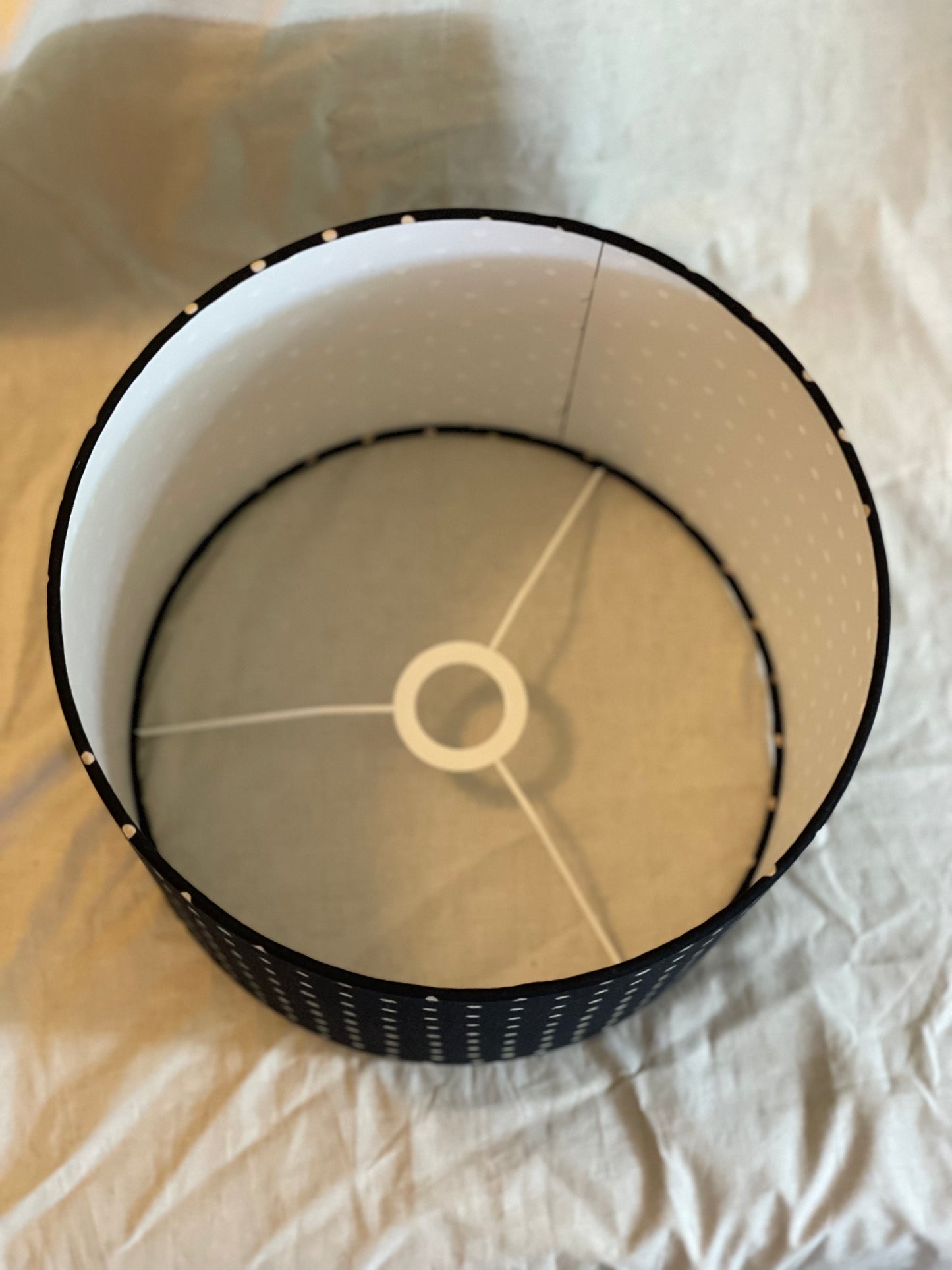 12 Inch Drum Lampshade. Indian Hand Block Print. Black with Gentle White Polka Dot.