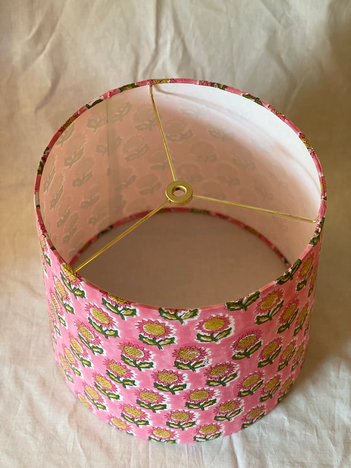 Medium Empire Lampshade. Hand Block Print from India. Ruddy Pink with Ochre and Army Green Flower Motif.