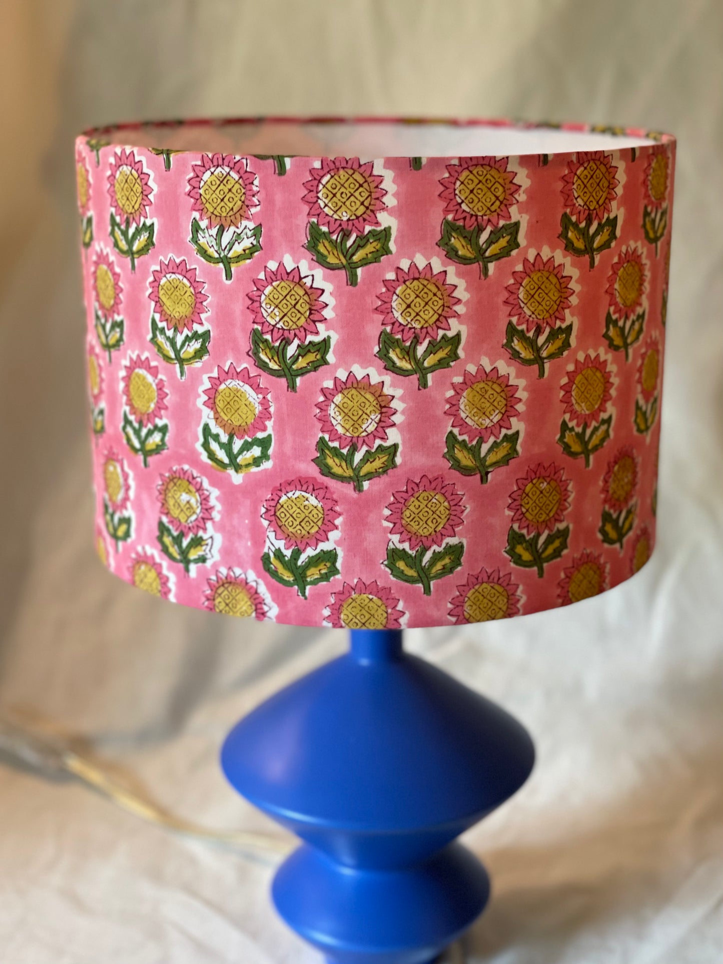 10 Inch Drum Lampshade. Indian Hand Block Print. Ruddy Pink with Ochre and Army Green Flower Motif.