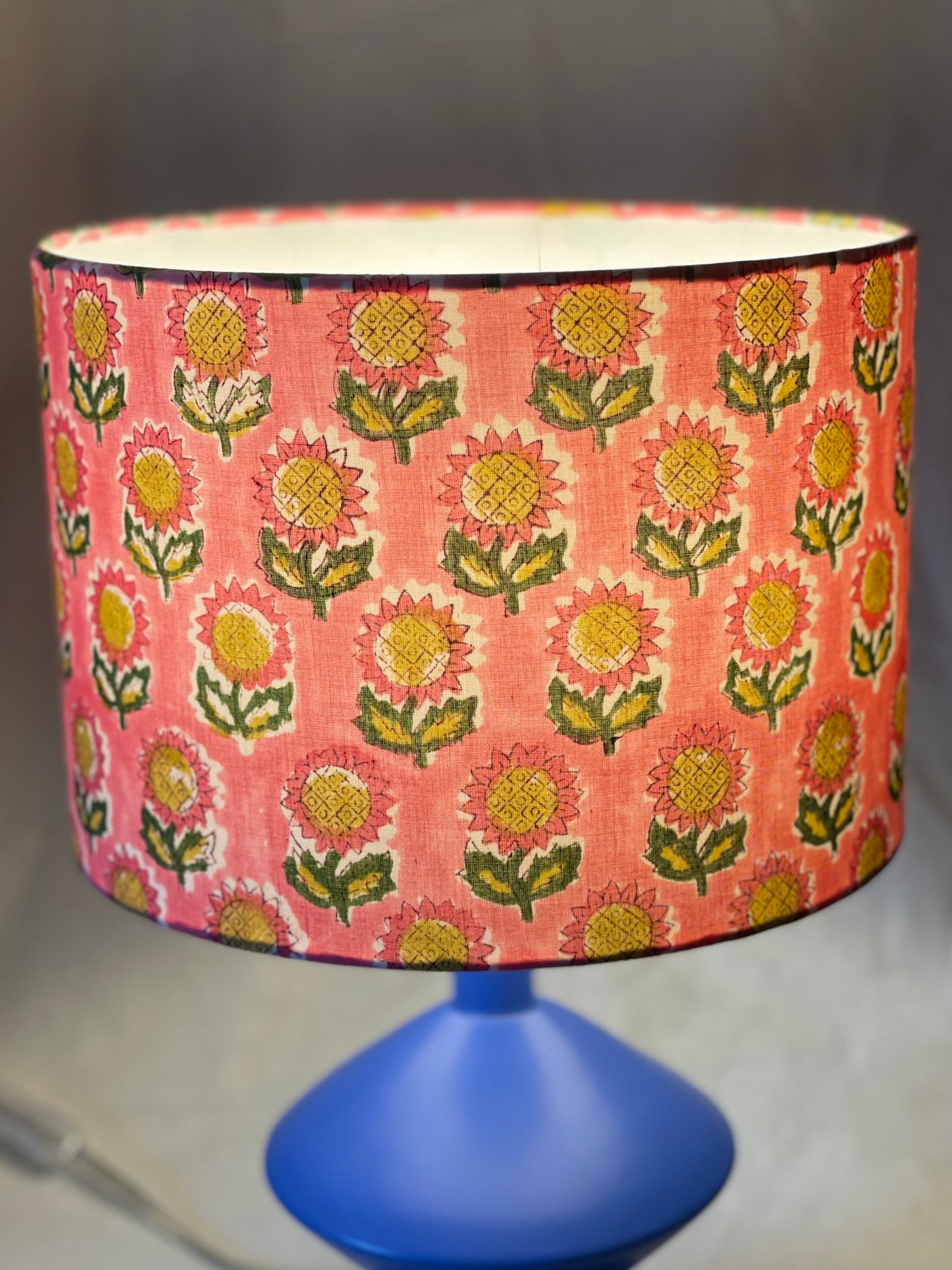 10 Inch Drum Lampshade. Indian Hand Block Print. Ruddy Pink with Ochre and Army Green Flower Motif.