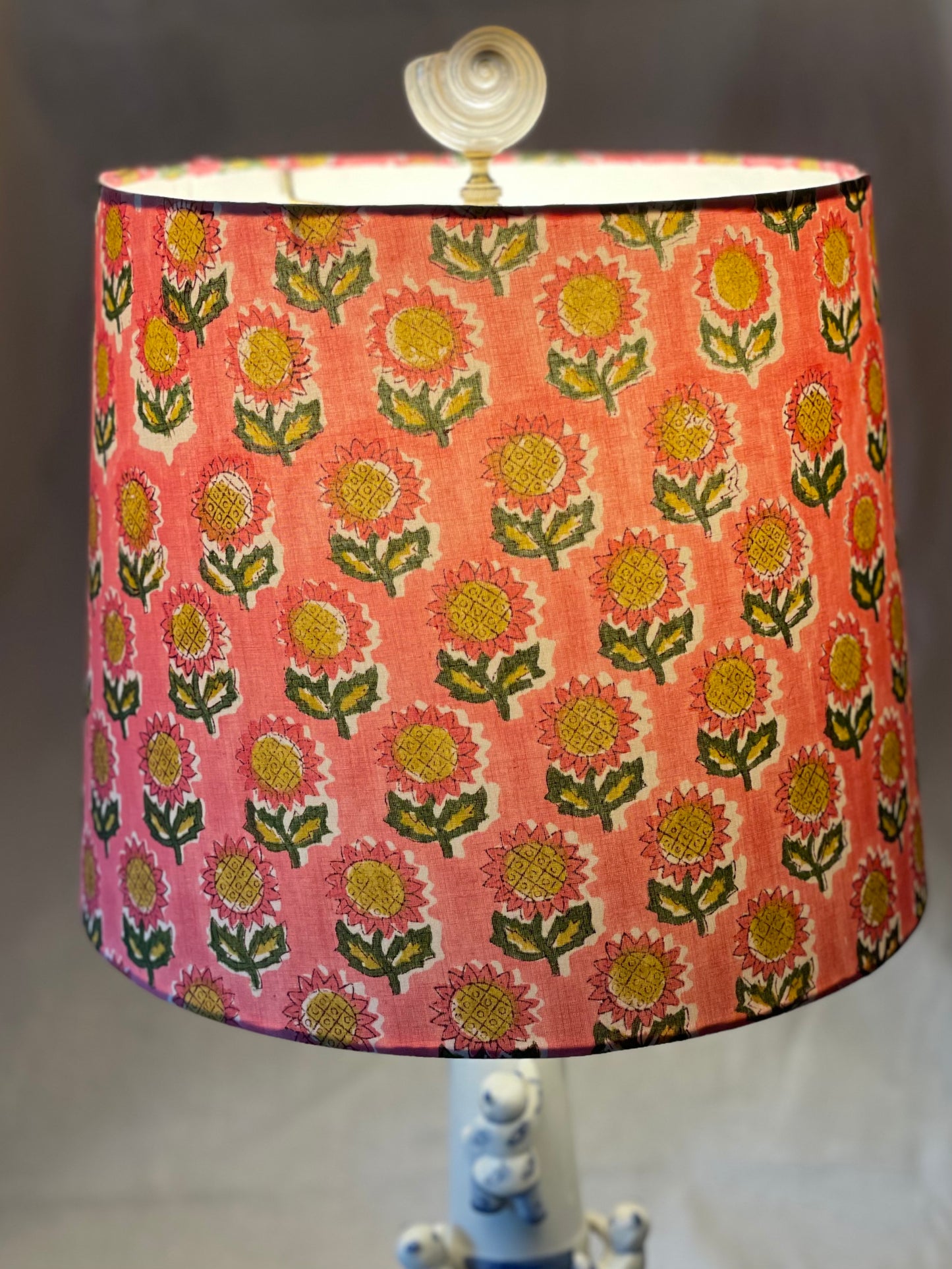 Medium Empire Lampshade. Hand Block Print from India. Ruddy Pink with Ochre and Army Green Flower Motif.