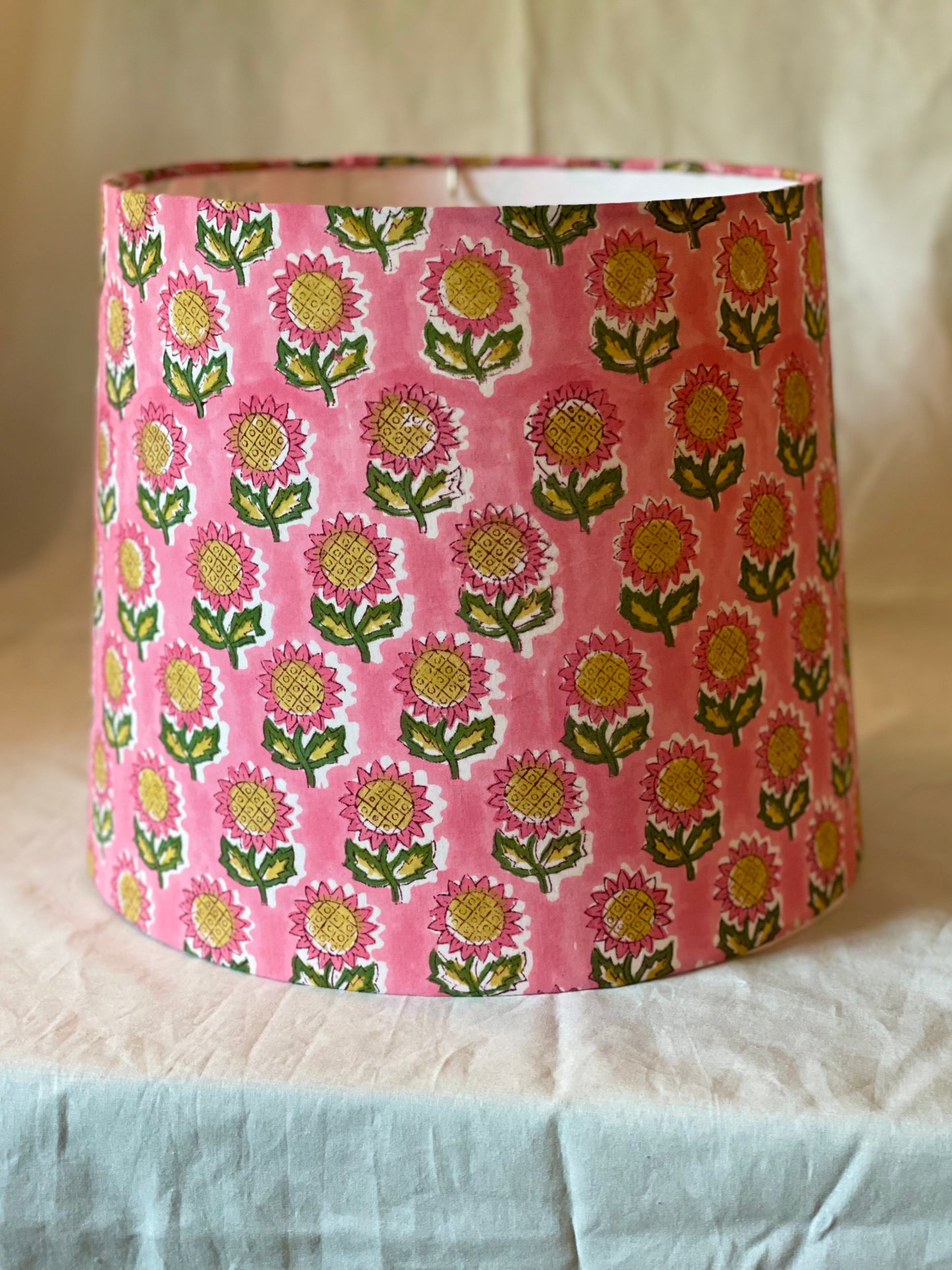 Medium Empire Lampshade. Hand Block Print from India. Ruddy Pink with Ochre and Army Green Flower Motif.