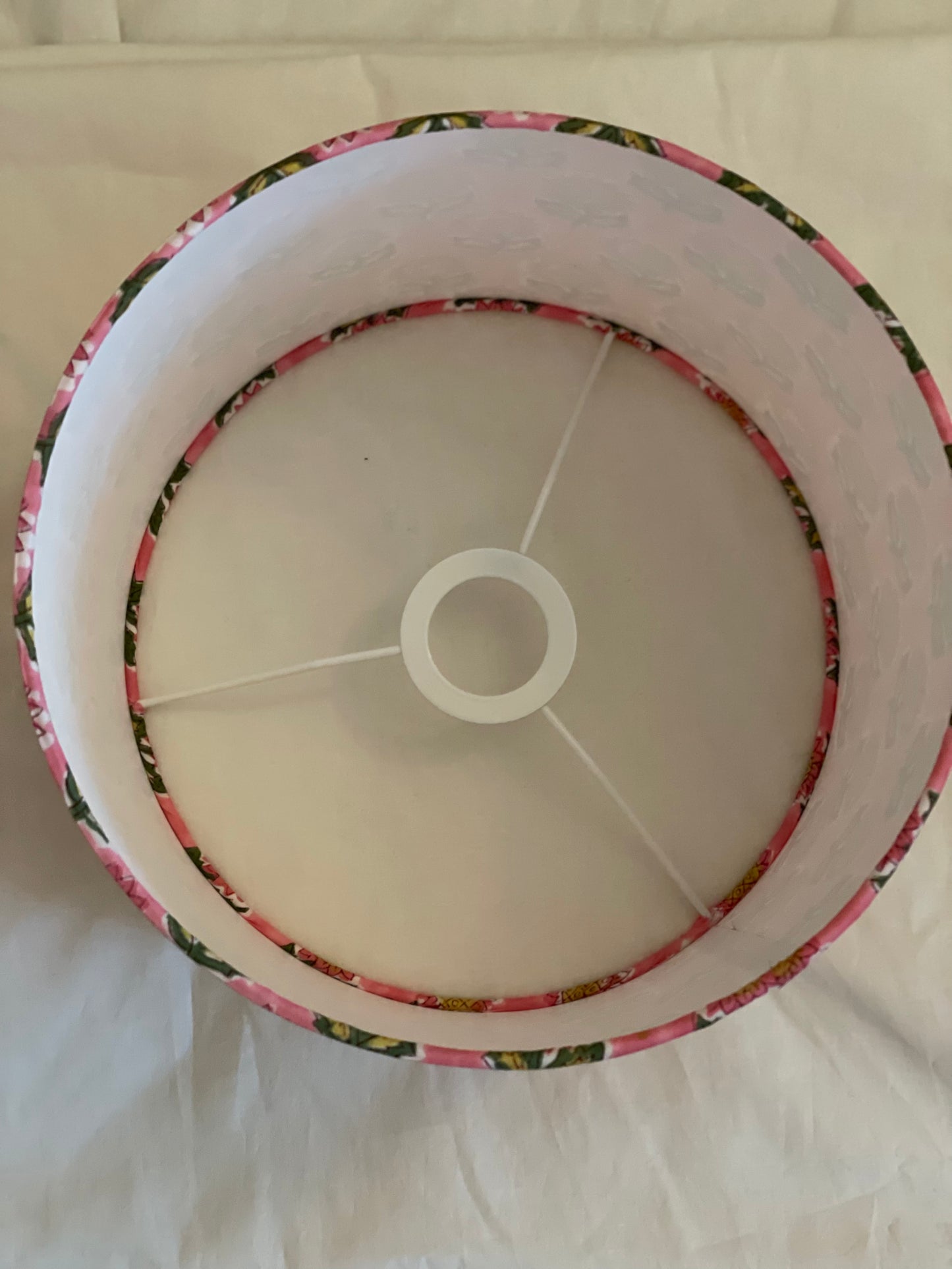 10 Inch Drum Lampshade. Indian Hand Block Print. Ruddy Pink with Ochre and Army Green Flower Motif.