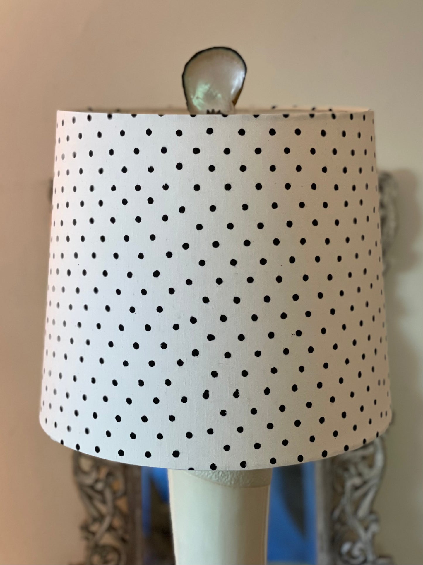 Large Empire Lampshade. 11.75 x 13.75 x 11.75. Indian Hand Block Print. White with Black Polka Dots.
