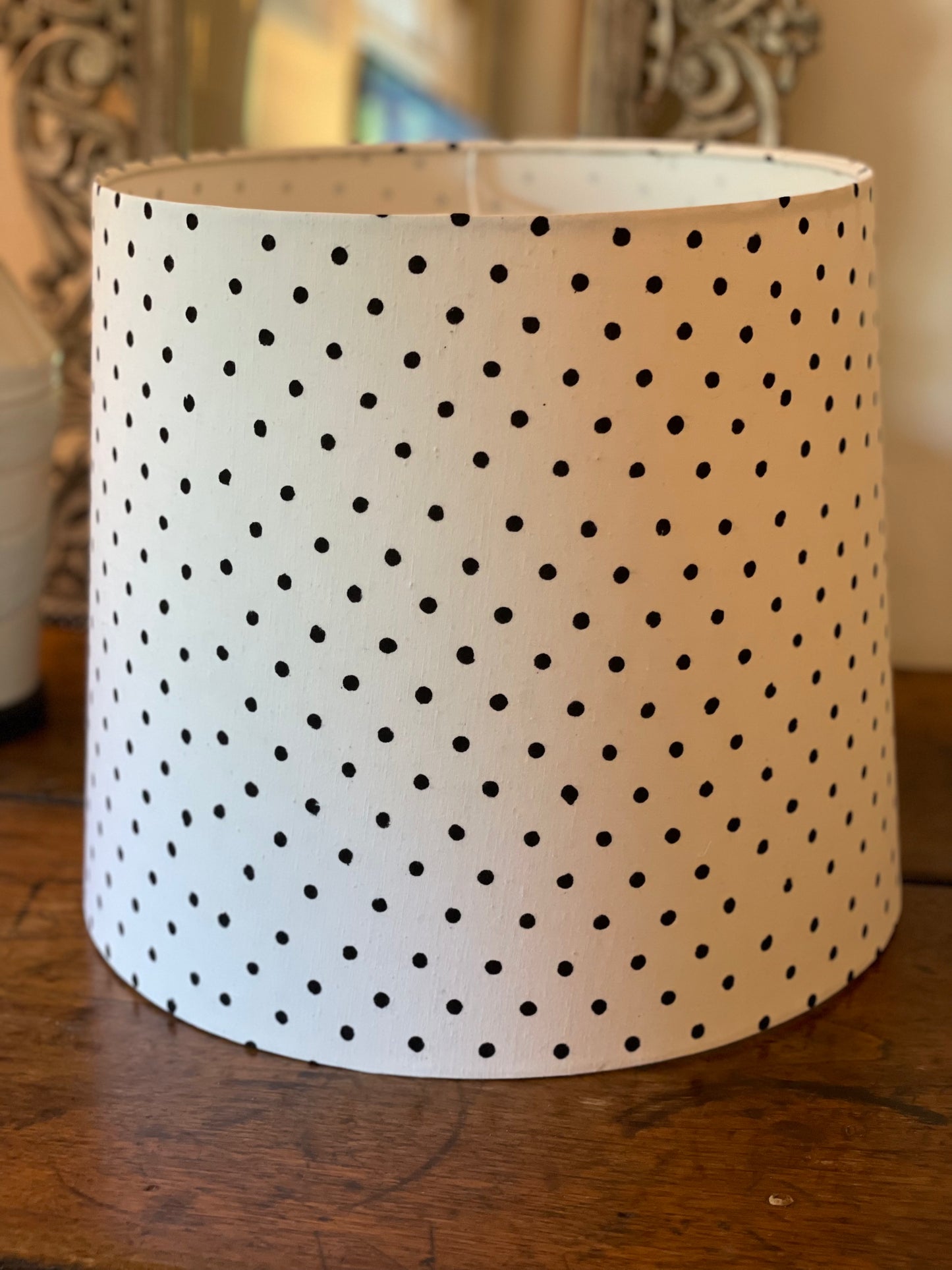 Large Empire Lampshade. 11.75 x 13.75 x 11.75. Indian Hand Block Print. White with Black Polka Dots.