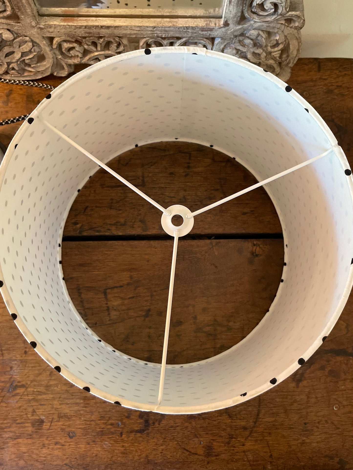Large Empire Lampshade. 11.75 x 13.75 x 11.75. Indian Hand Block Print. White with Black Polka Dots.