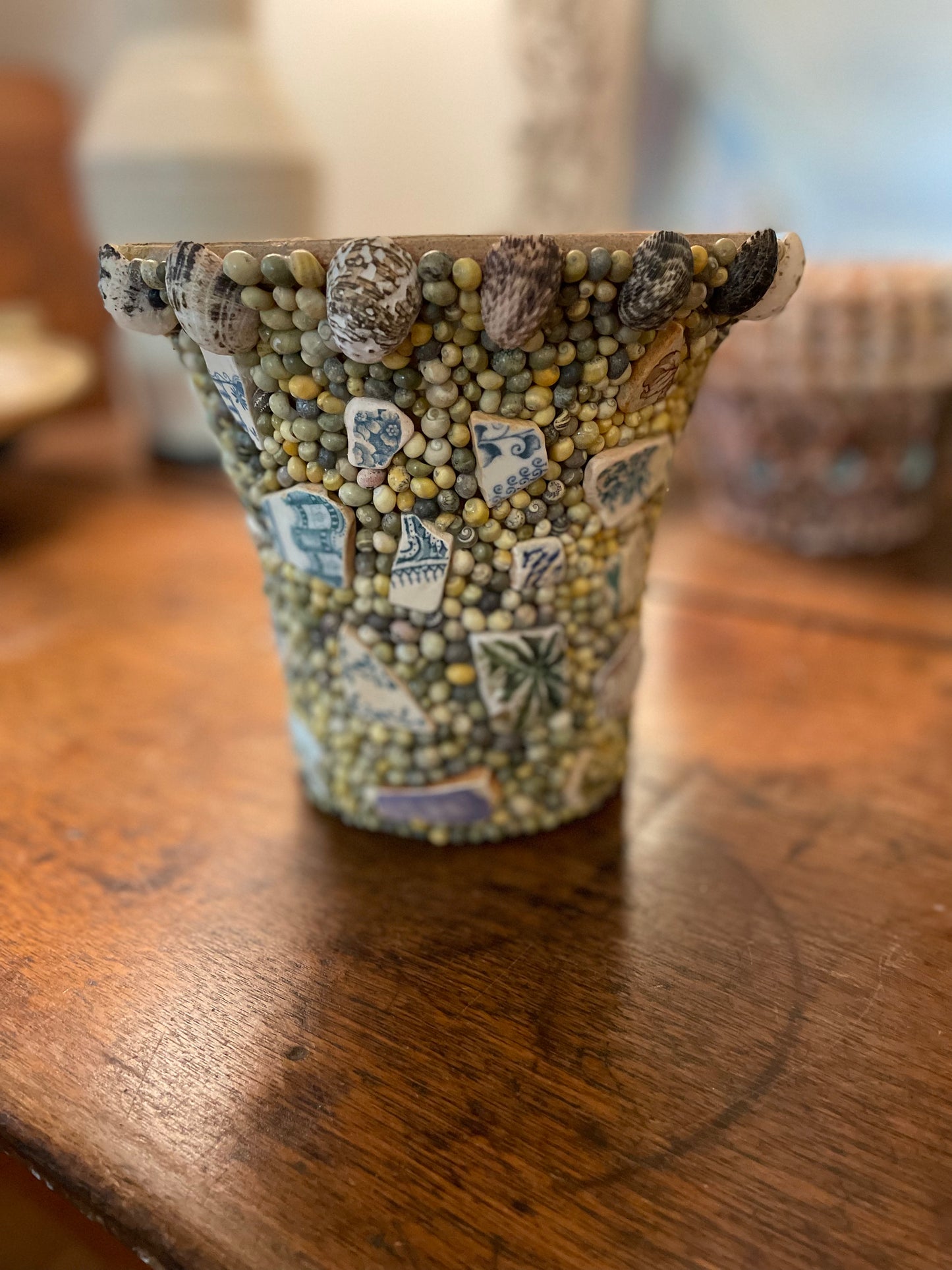 Shell Work Pot. Natural Seashells and Mudlarked Pottery Shards.
