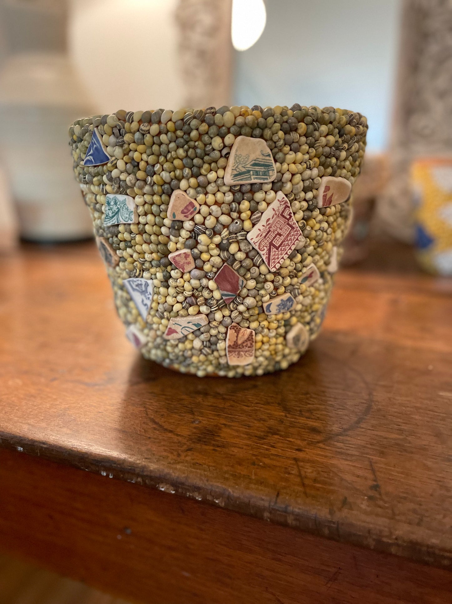 Shell Work Pot. Natural Seashells and Mudlarked Pottery Shards.
