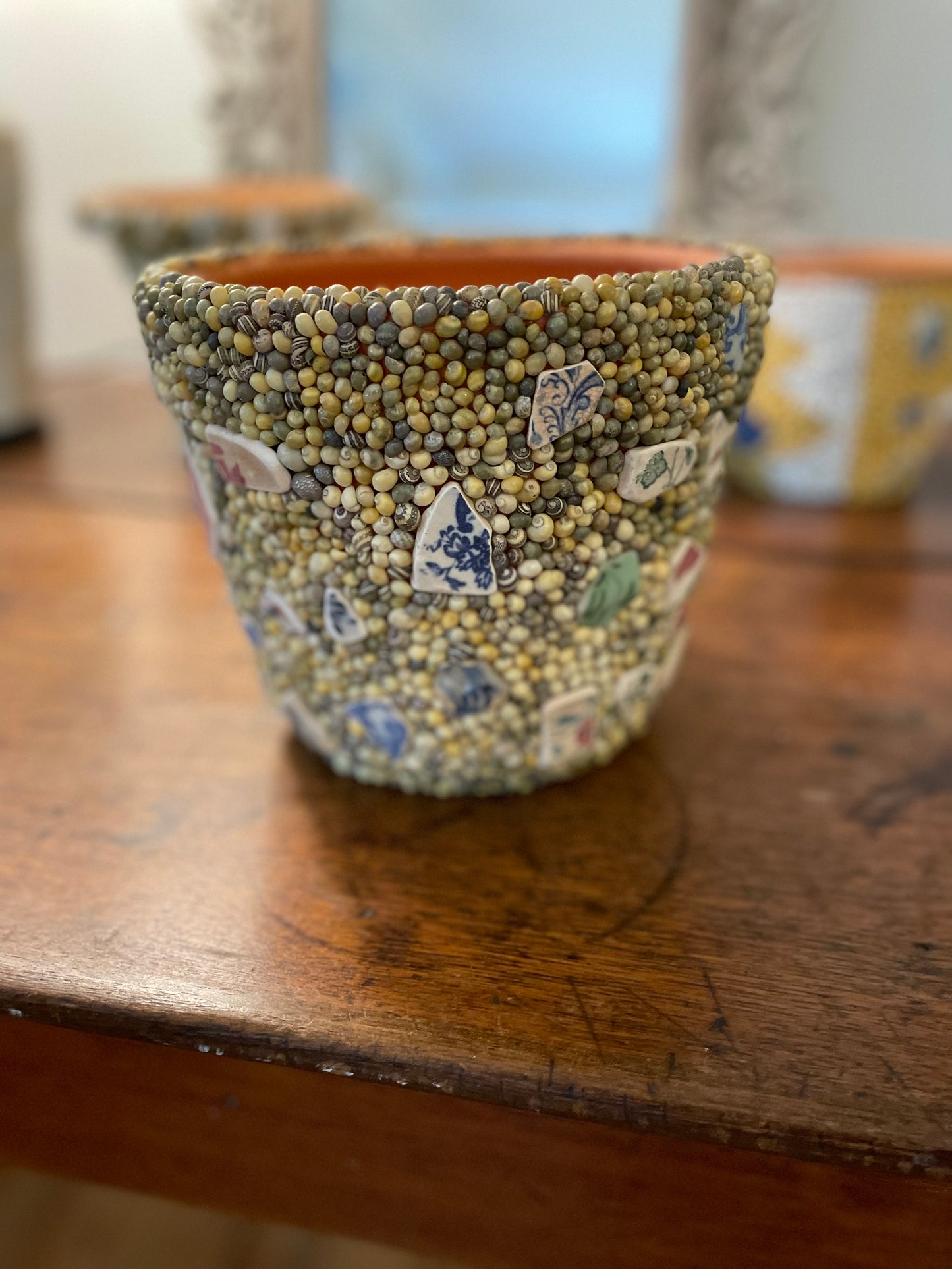 Shell Work Pot. Natural Seashells and Mudlarked Pottery Shards.