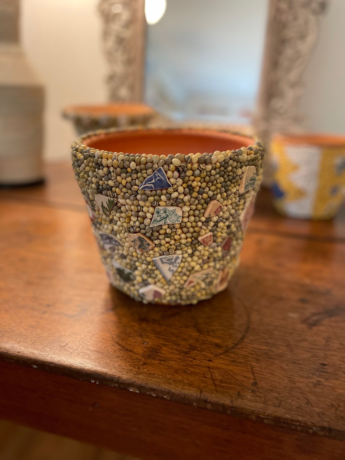Shell Work Pot. Natural Seashells and Mudlarked Pottery Shards.