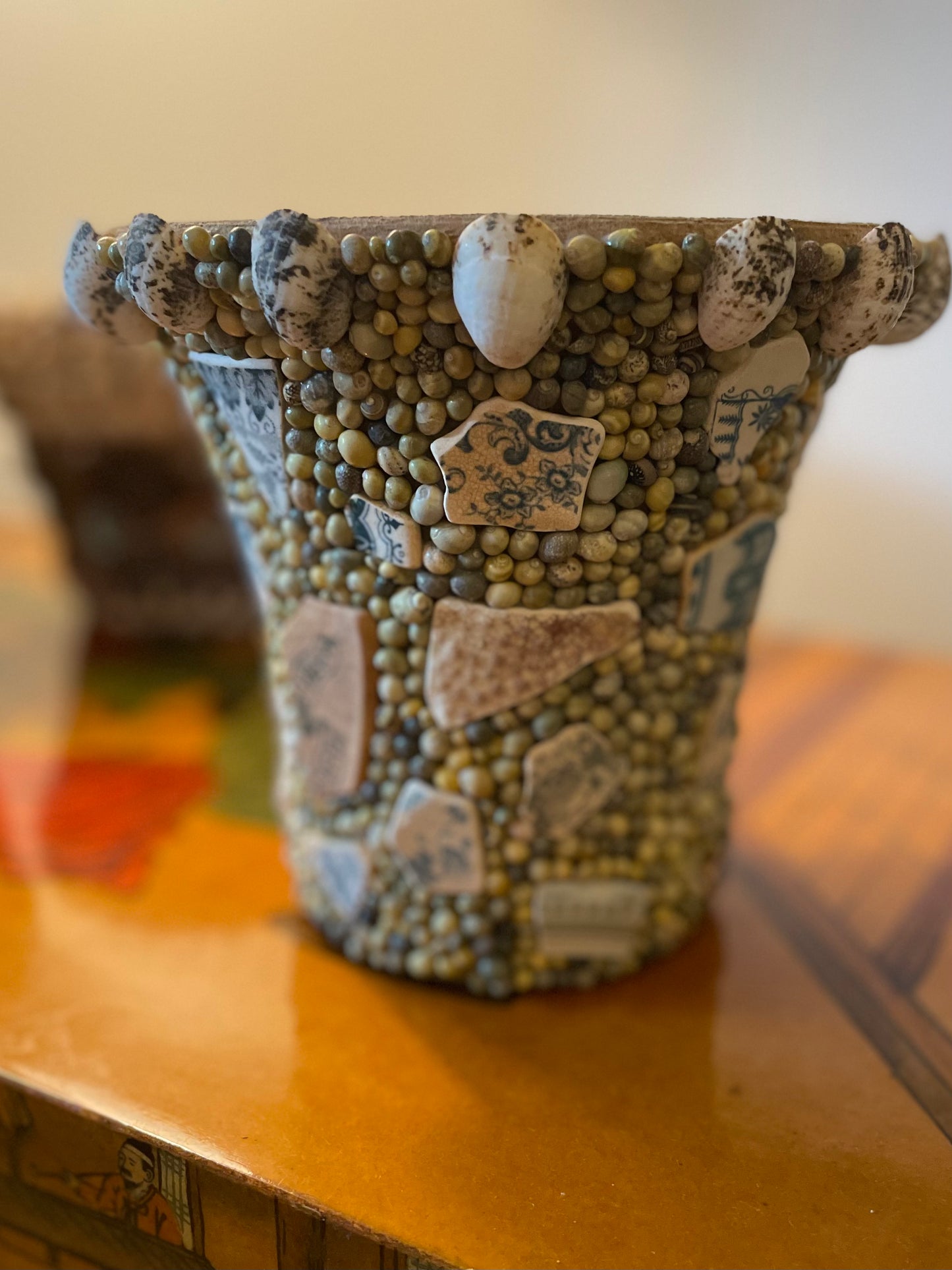 Shell Work Pot. Natural Seashells and Mudlarked Pottery Shards.