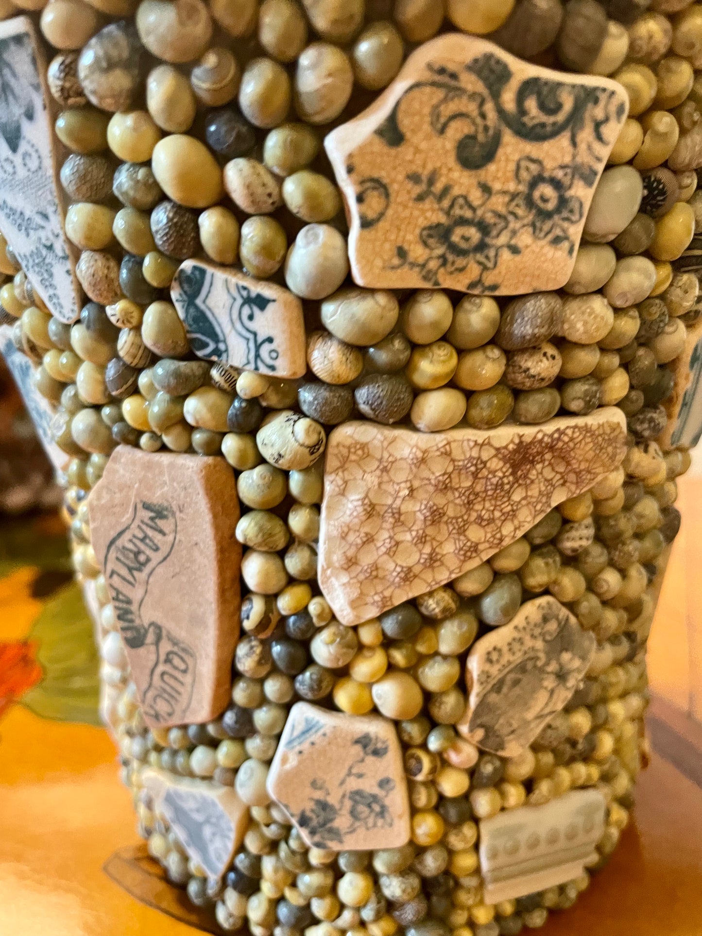 Shell Work Pot. Natural Seashells and Mudlarked Pottery Shards.