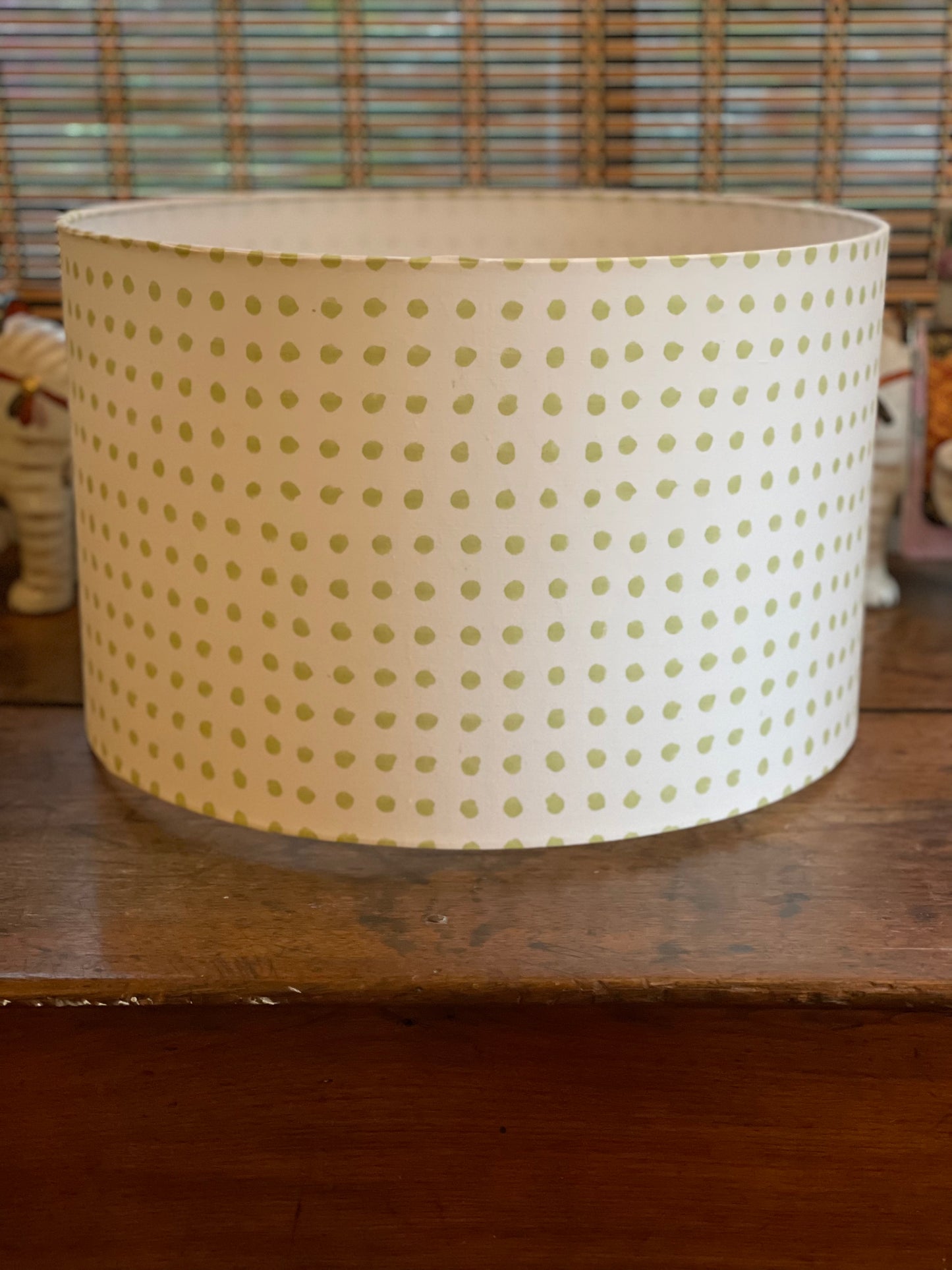 16 Inch Drum Lampshade. Indian Hand Block Print. Pretty Pale Green Polka Dot.