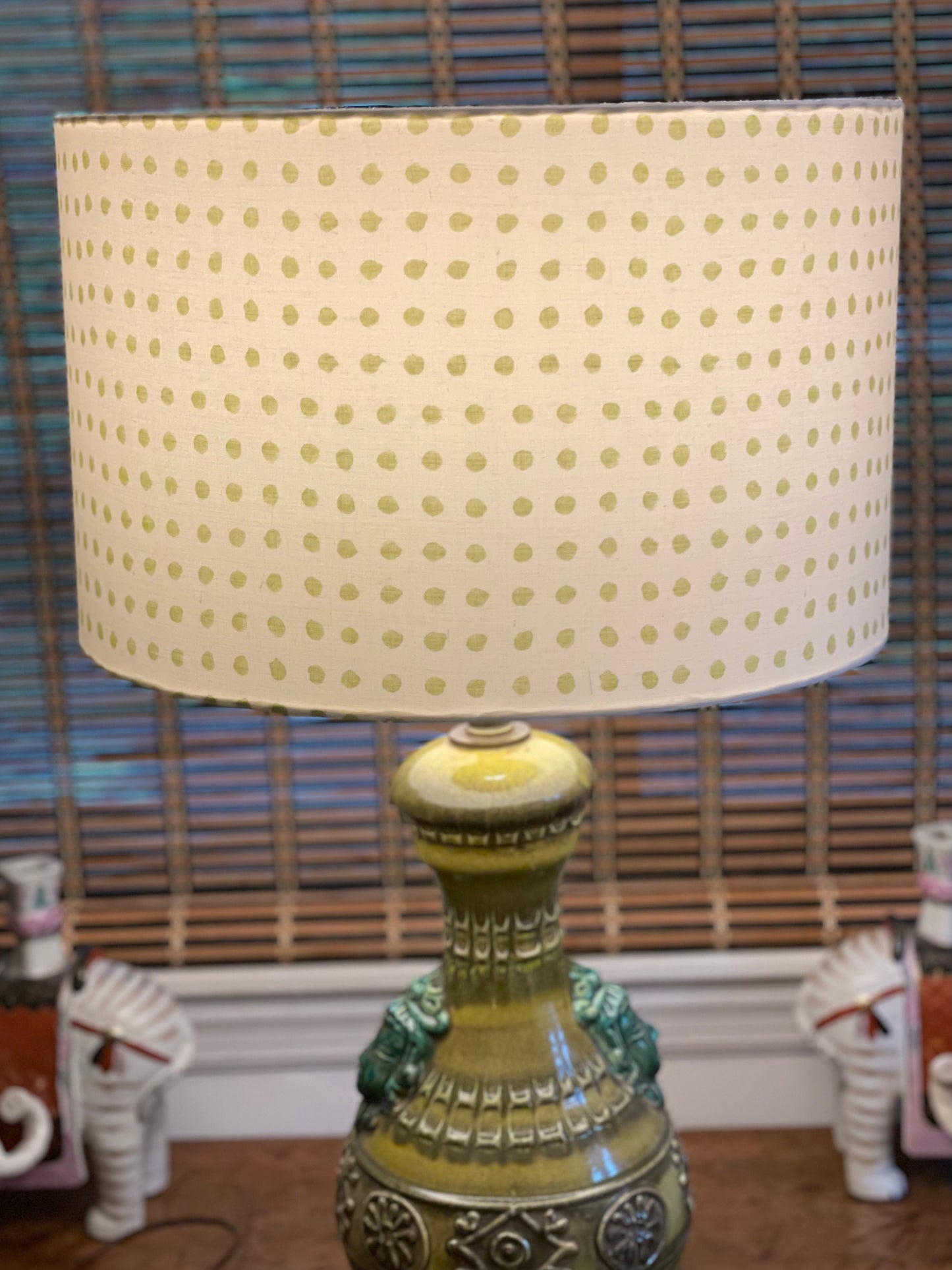 16 Inch Drum Lampshade. Indian Hand Block Print. Pretty Pale Green Polka Dot.