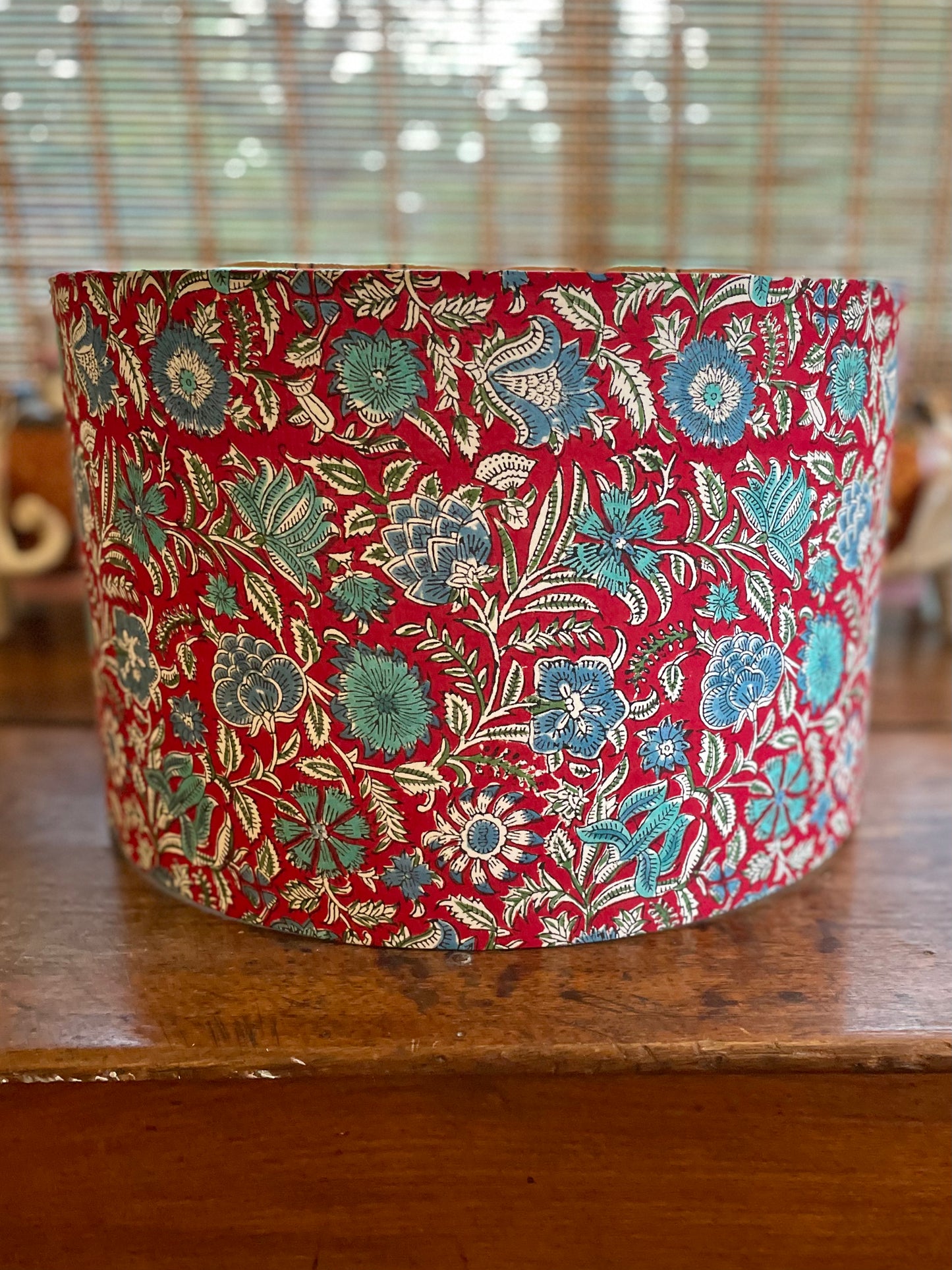 16 Inch Drum Lampshade. Indian Hand Block Print. Crimson Red with Turquoise and Blue Floral Motif.