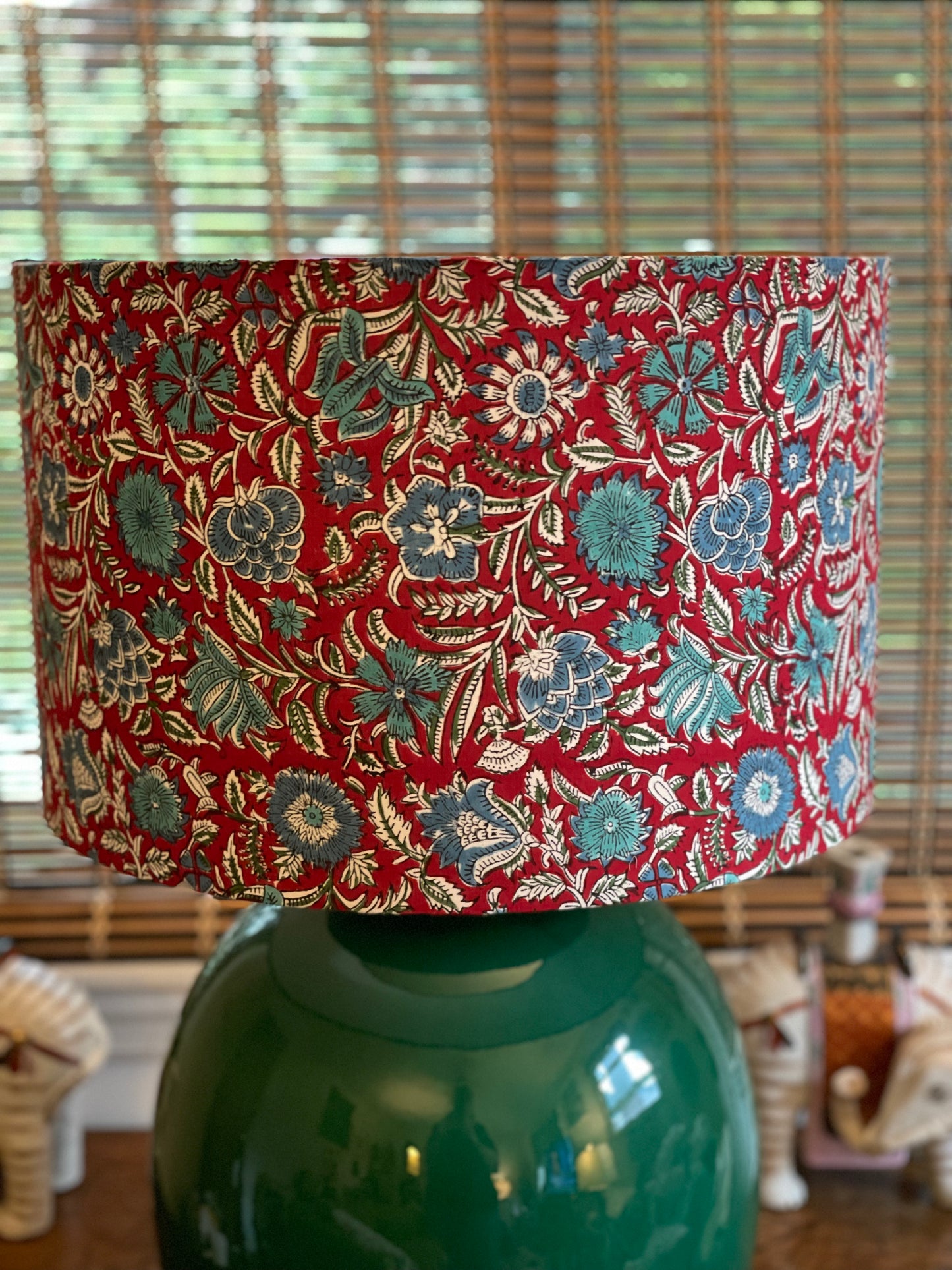 16 Inch Drum Lampshade. Indian Hand Block Print. Crimson Red with Turquoise and Blue Floral Motif.