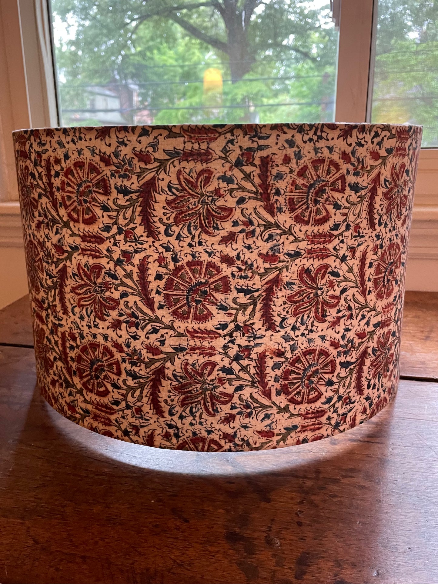 16 Inch Drum Lampshade. Indian Kalamkari Hand Block Print. Shades of Russet, Umber, Coffee, and Dark Red on Ecru.