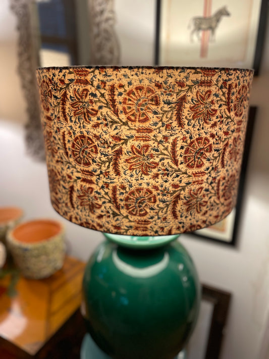 16 Inch Drum Lampshade. Indian Kalamkari Hand Block Print. Shades of Russet, Umber, Coffee, and Dark Red on Ecru.
