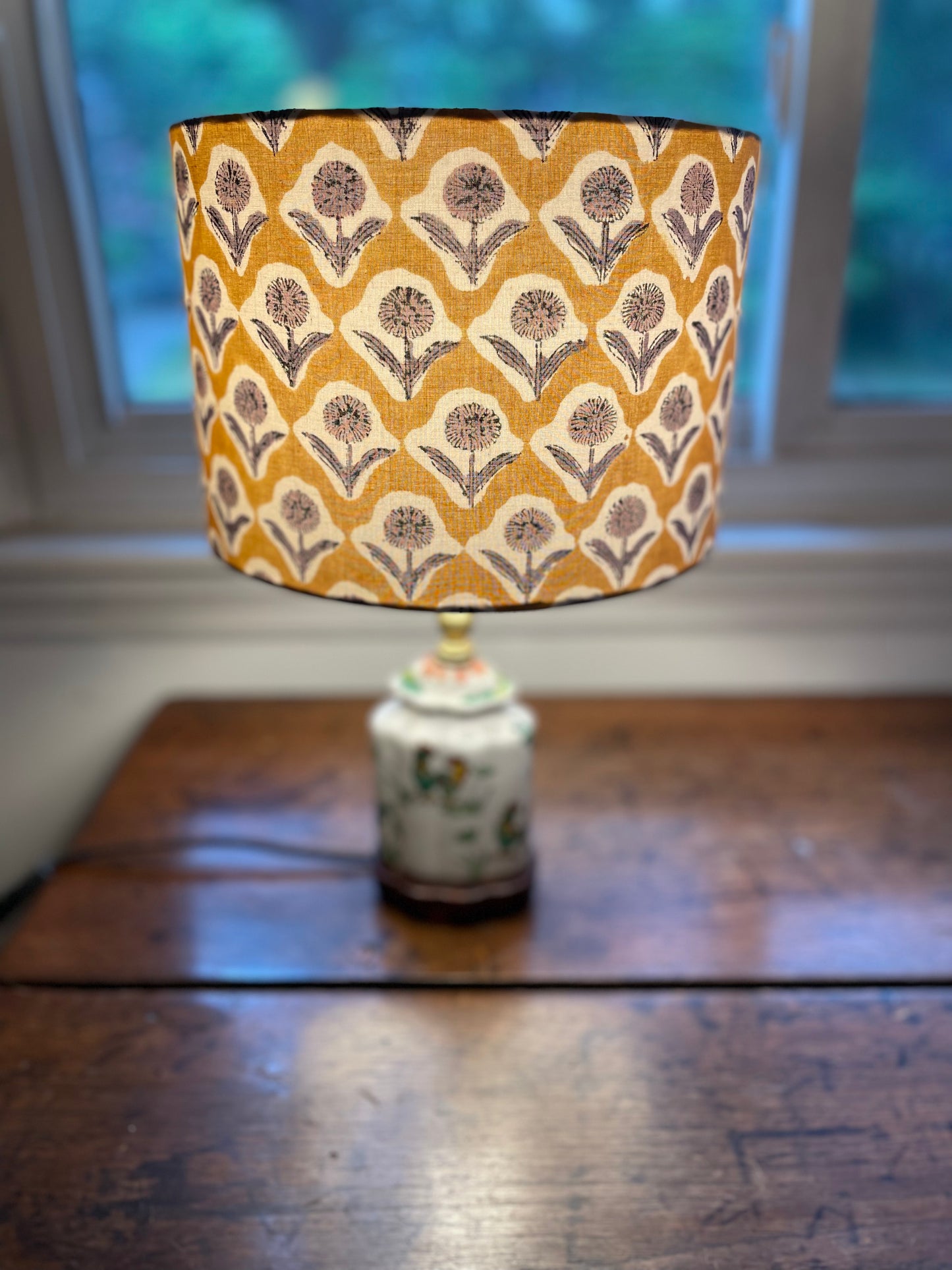 10 inch Drum Lampshade. Indian Block print from Jaipur. Harvest Gold with Black and Gray Floral Motif.