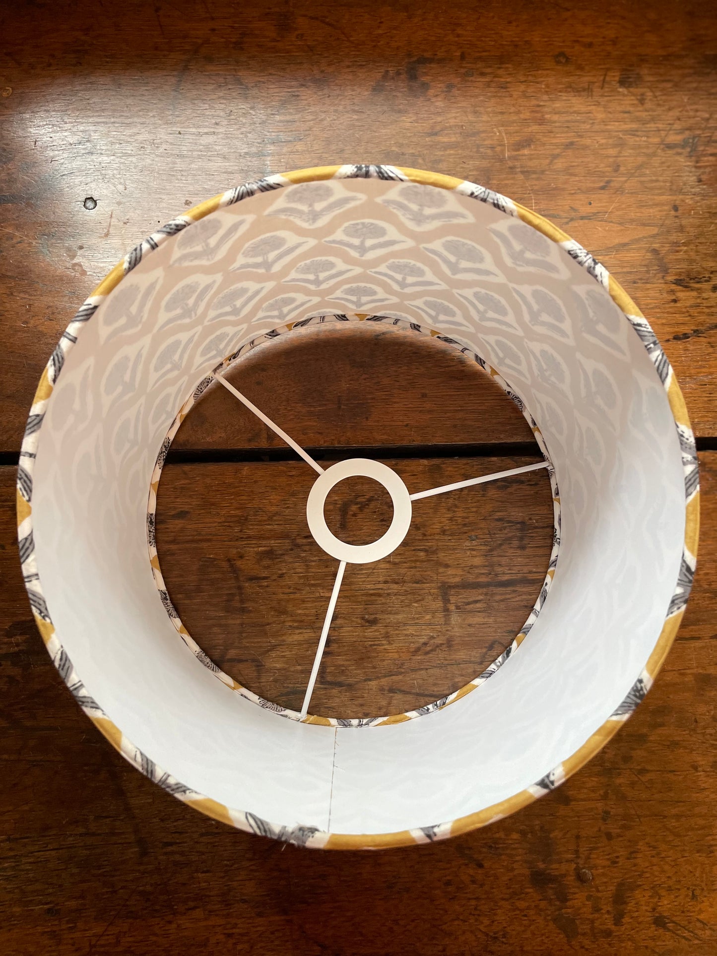 10 inch Drum Lampshade. Indian Block print from Jaipur. Harvest Gold with Black and Gray Floral Motif.