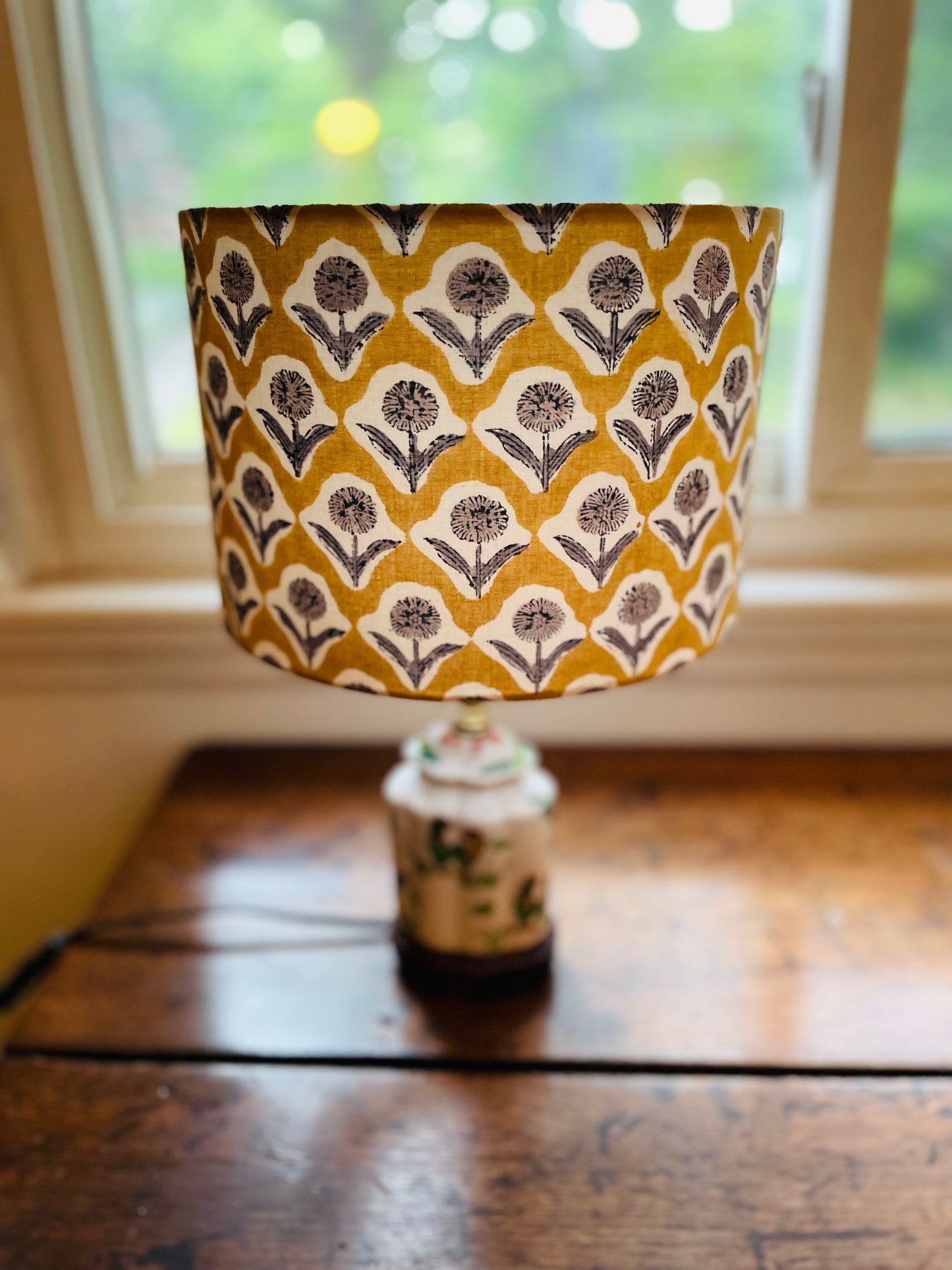 10 inch Drum Lampshade. Indian Block print from Jaipur. Harvest Gold with Black and Gray Floral Motif.