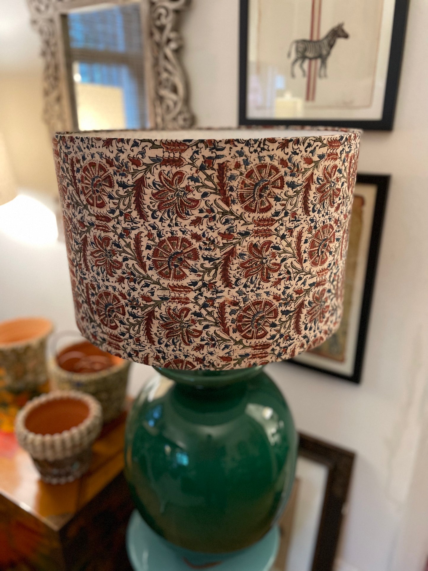 16 Inch Drum Lampshade. Indian Kalamkari Hand Block Print. Shades of Russet, Umber, Coffee, and Dark Red on Ecru.